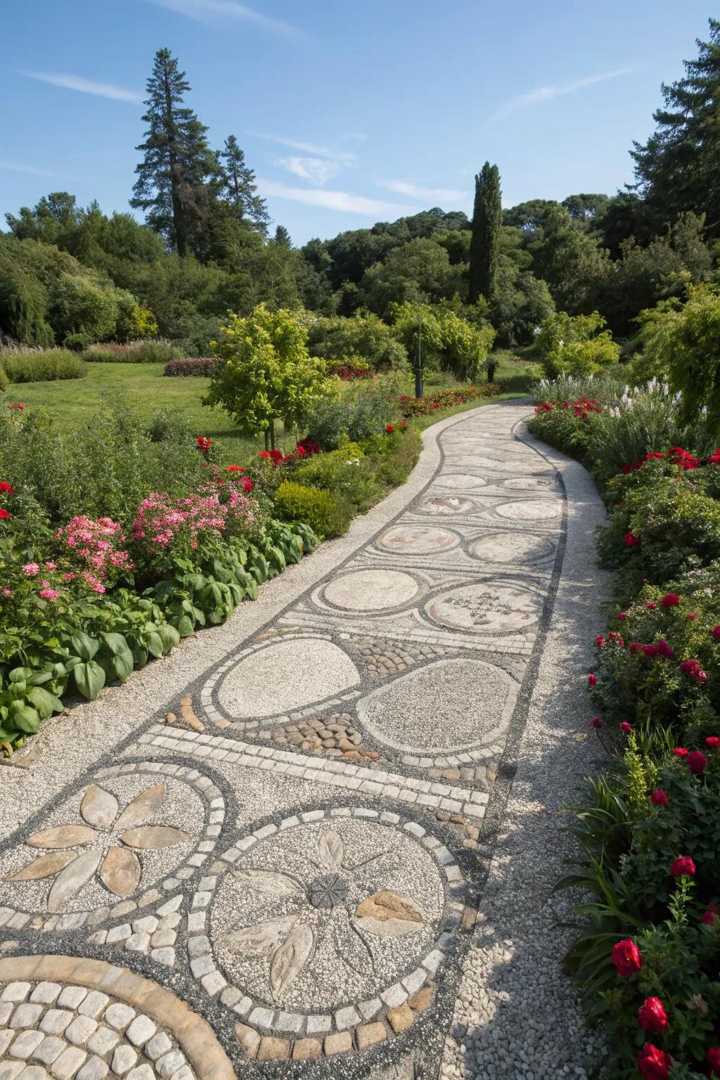 Creative mosaic pathway combining gravel and stones.