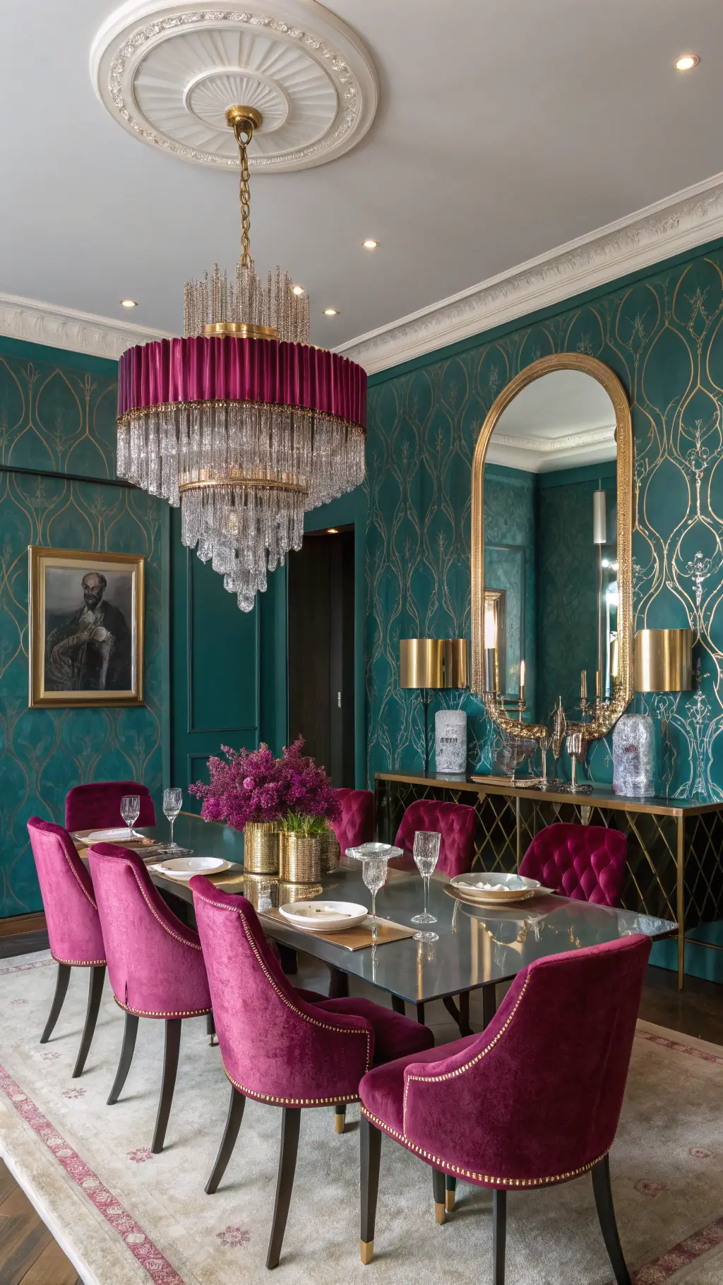 Art deco dining room with teal silk wallpaper, gold-framed mirrors, brass chandelier, magenta glass accents, and velvet chairs under warm lighting