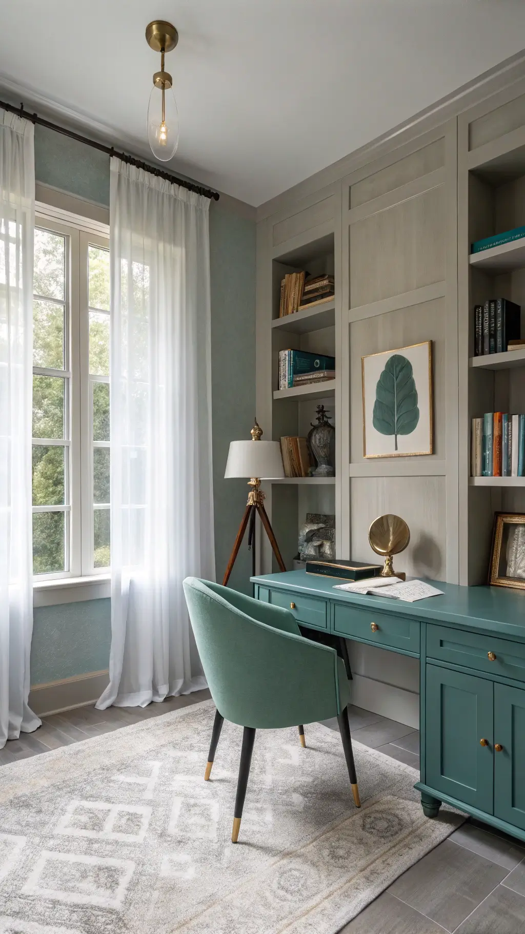 Sophisticated home office with graystone walls, emerald chair, teal bookcases, brass lamp, abstract art, and natural stone surfaces