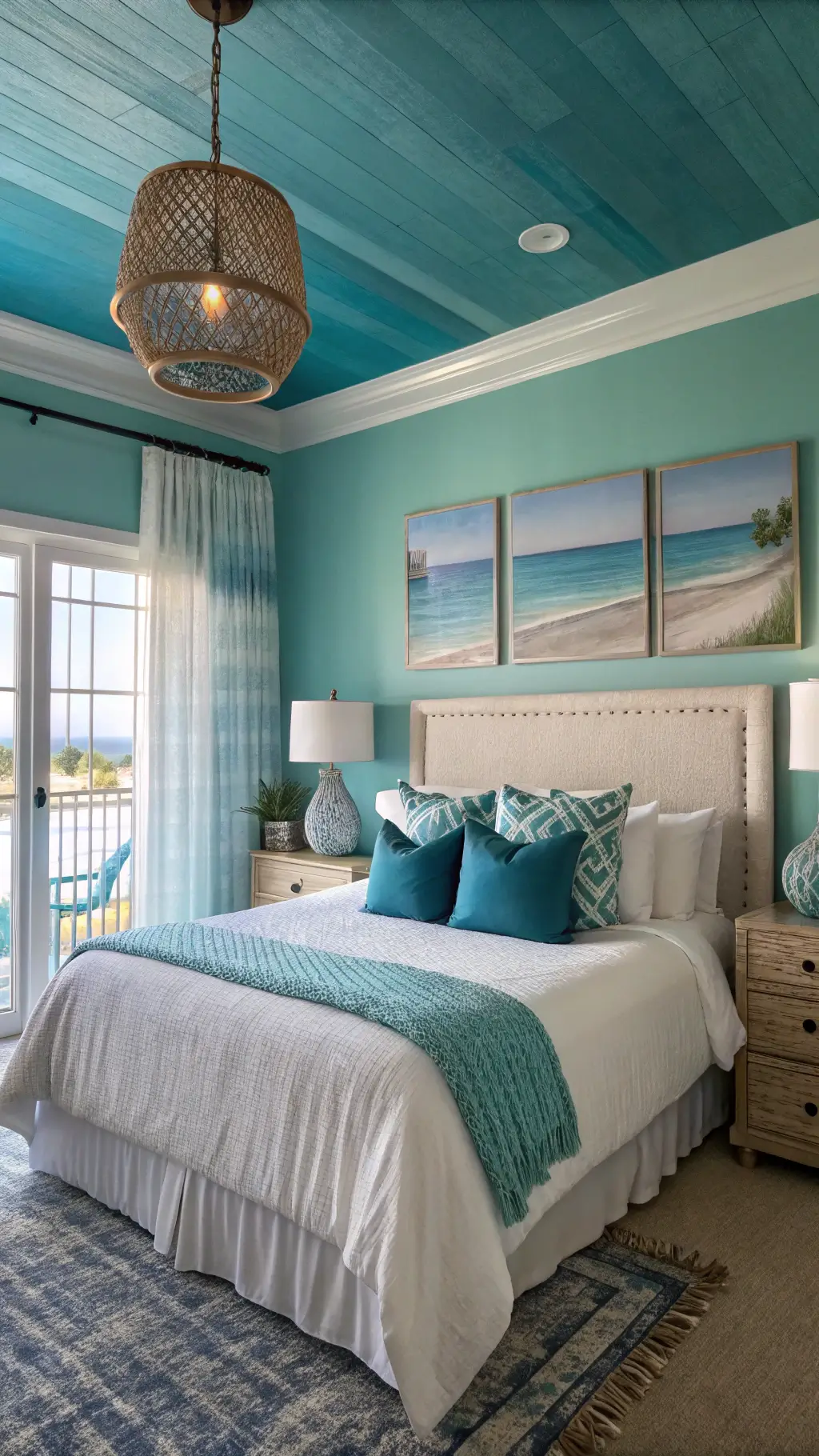 Coastal-inspired bedroom with gradient walls from deep blue to soft teal, seafoam green ceiling, white linen bedding, textured glass lamps, and woven rope accents