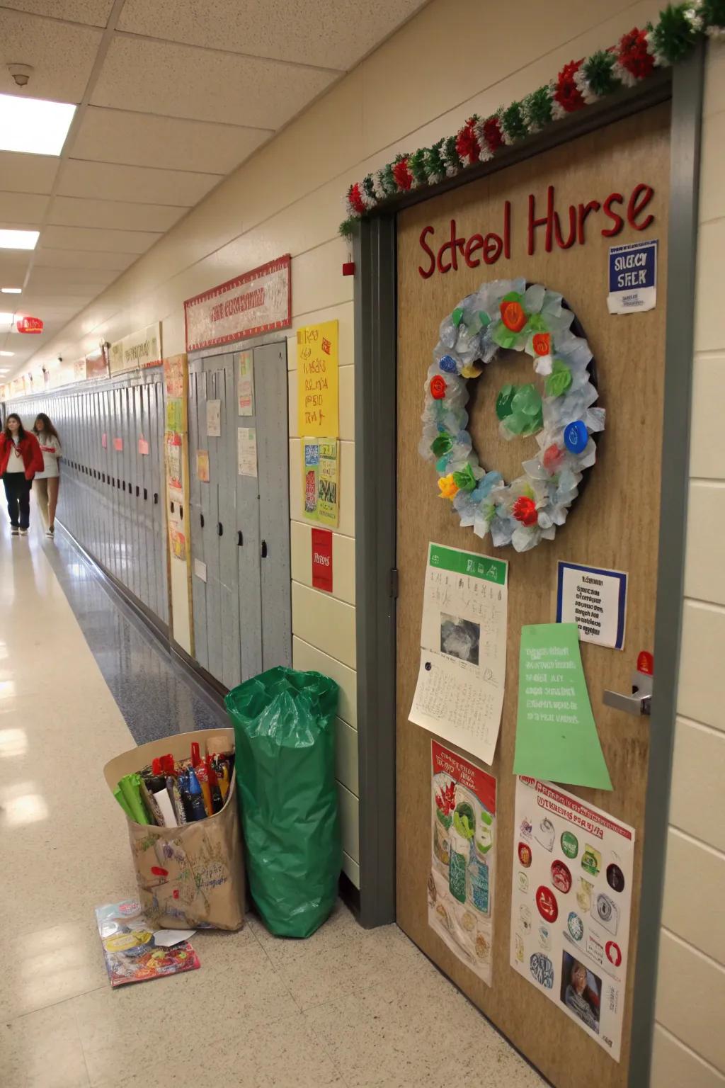 Eco-conscious school nurse door decorated with recycled materials.