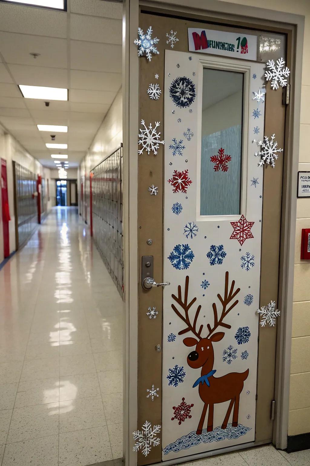 Winter-themed 'Reindeer Clinic' door decoration with snowflakes.