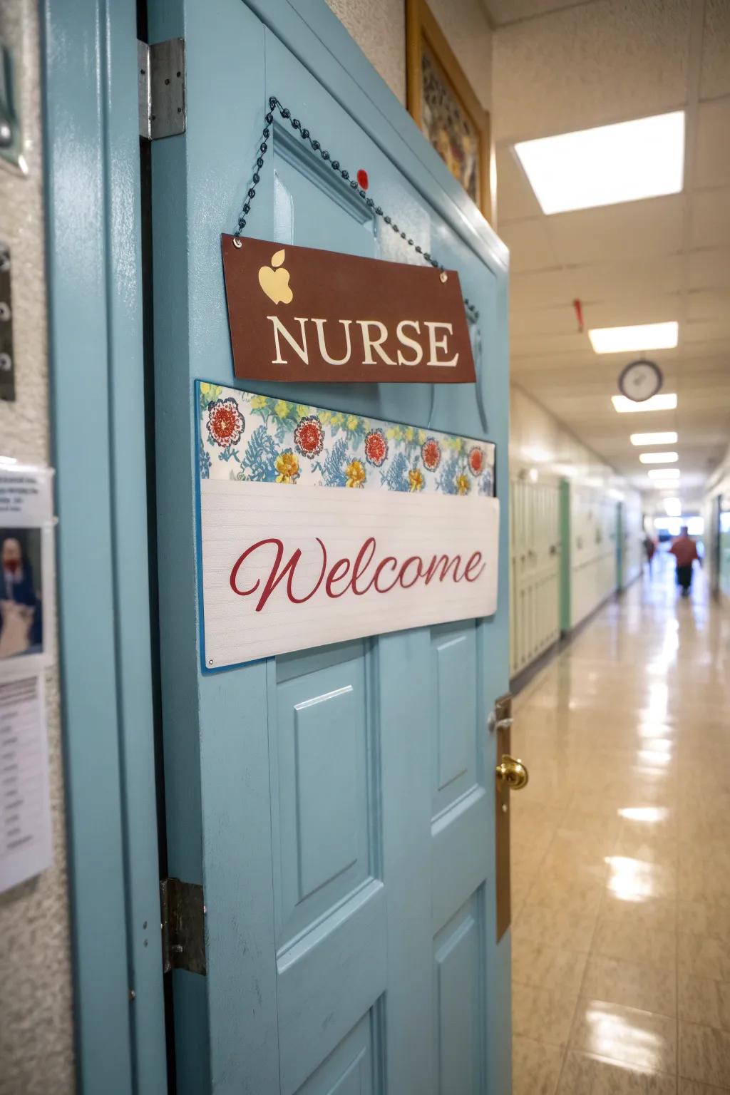Personalized welcome sign on school nurse door.