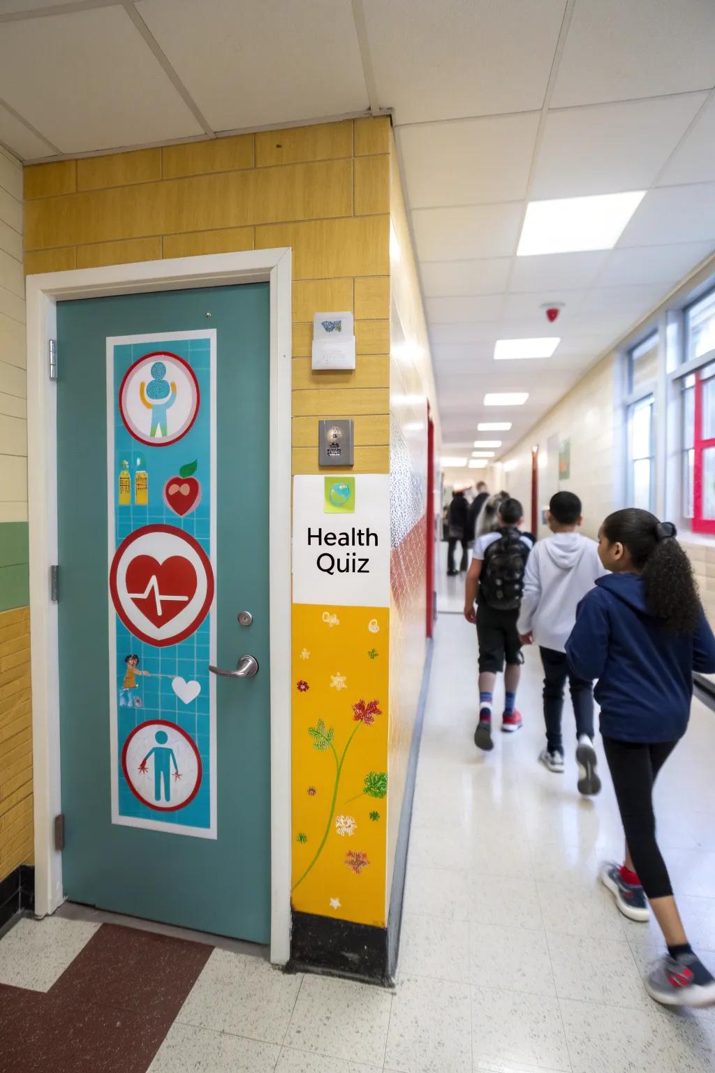 Interactive school nurse door featuring a health quiz for students.