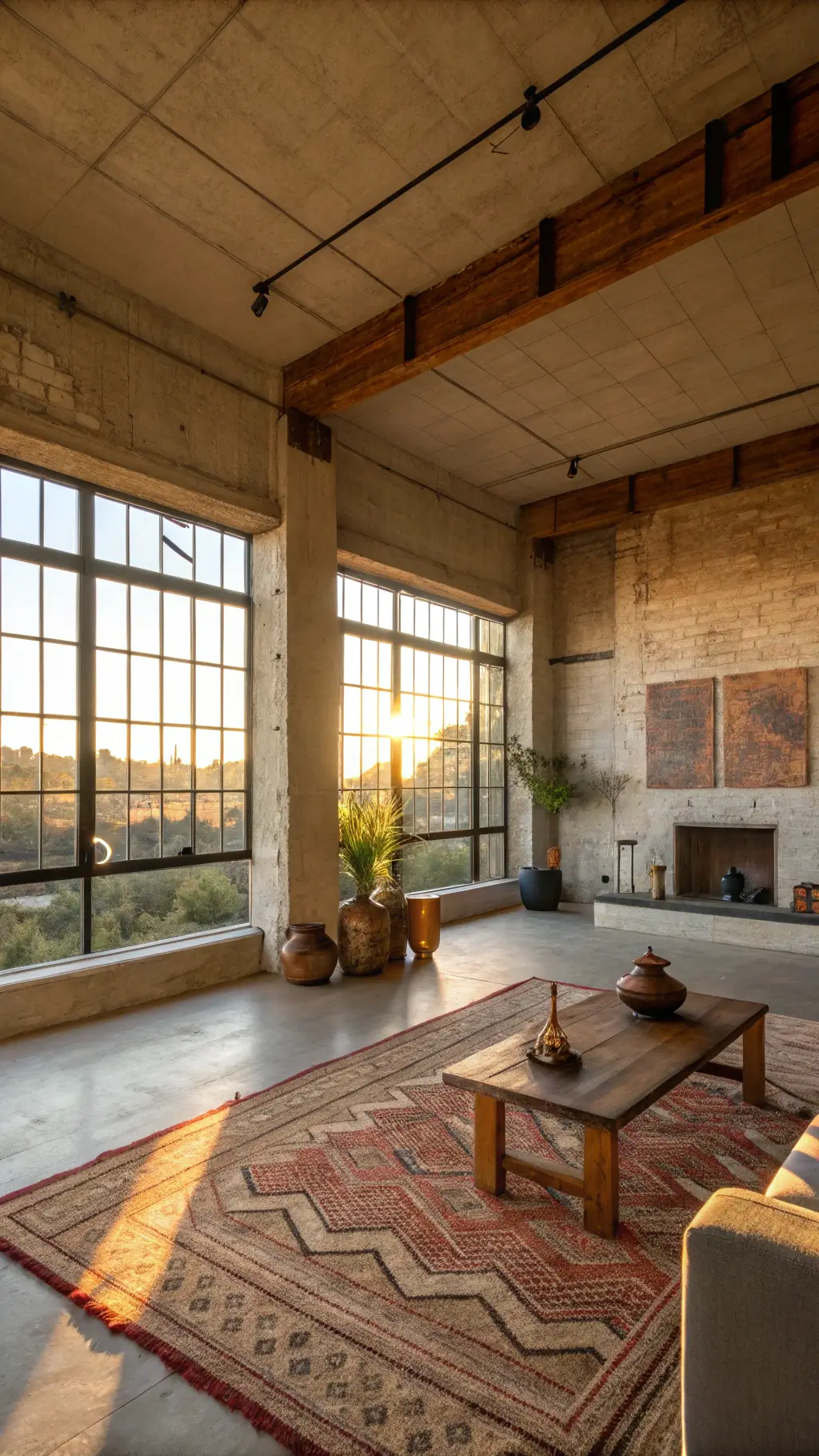 Spacious modern living room bathed in late afternoon light, featuring exposed concrete walls, repurposed wooden beam mantel, metal sculptures, and ceramic vessels on a bamboo table