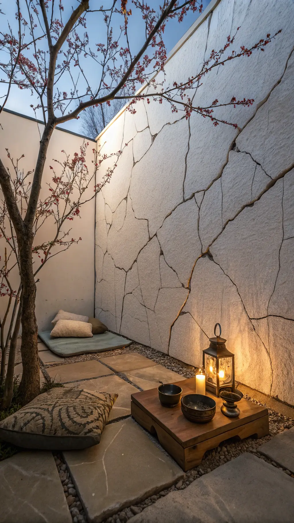 Meditation nook at twilight with cracked plaster wall showing repairs, dried cherry blossom branch, raw stone floor, ceramic tiles, wooden cushion, and weathered brass incense holder