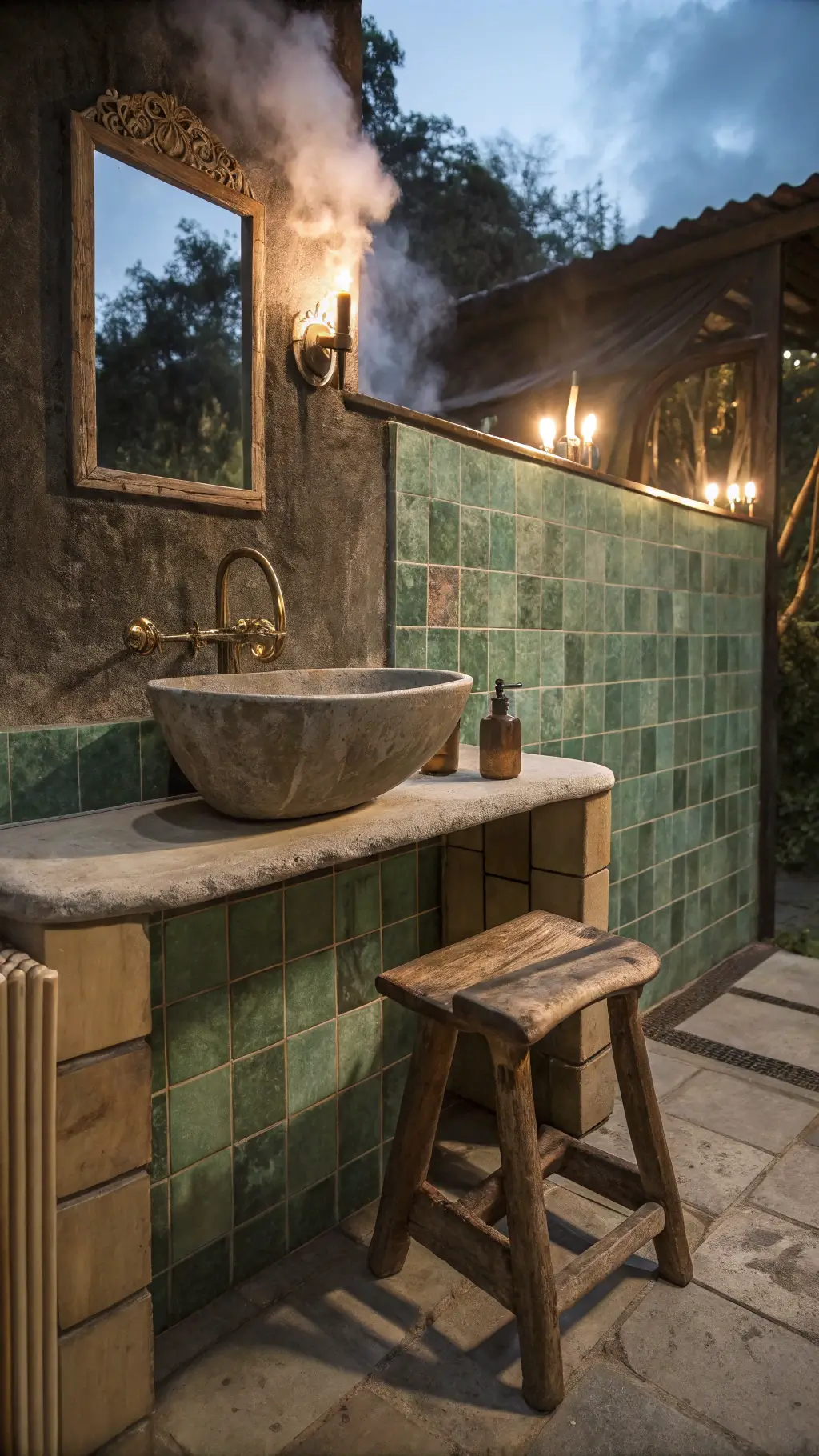 Rustic bathroom at dusk with unpolished stone basin, patina brass fixtures, weathered wooden stool, textured clay wall, handmade moss-green tiles, and candlelight reflecting in aged mirror
