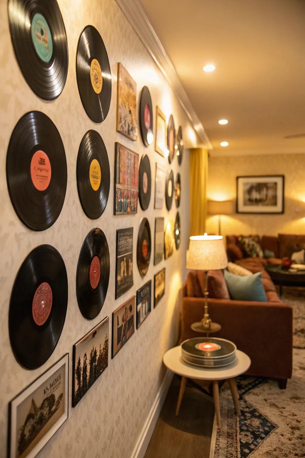 Creative use of vinyl records as wall decorations.
