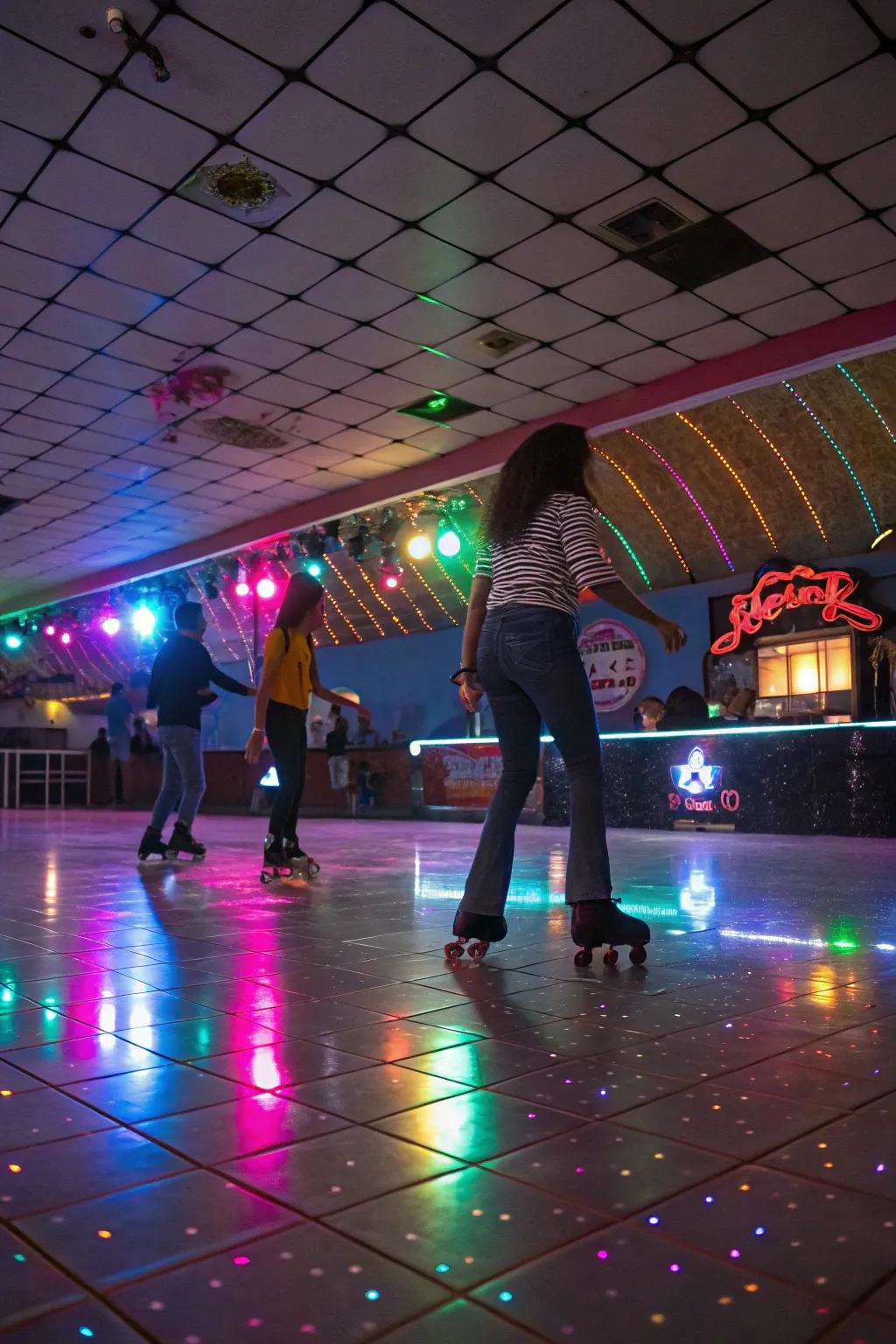 Energetic roller skating rink with joyful skaters.
