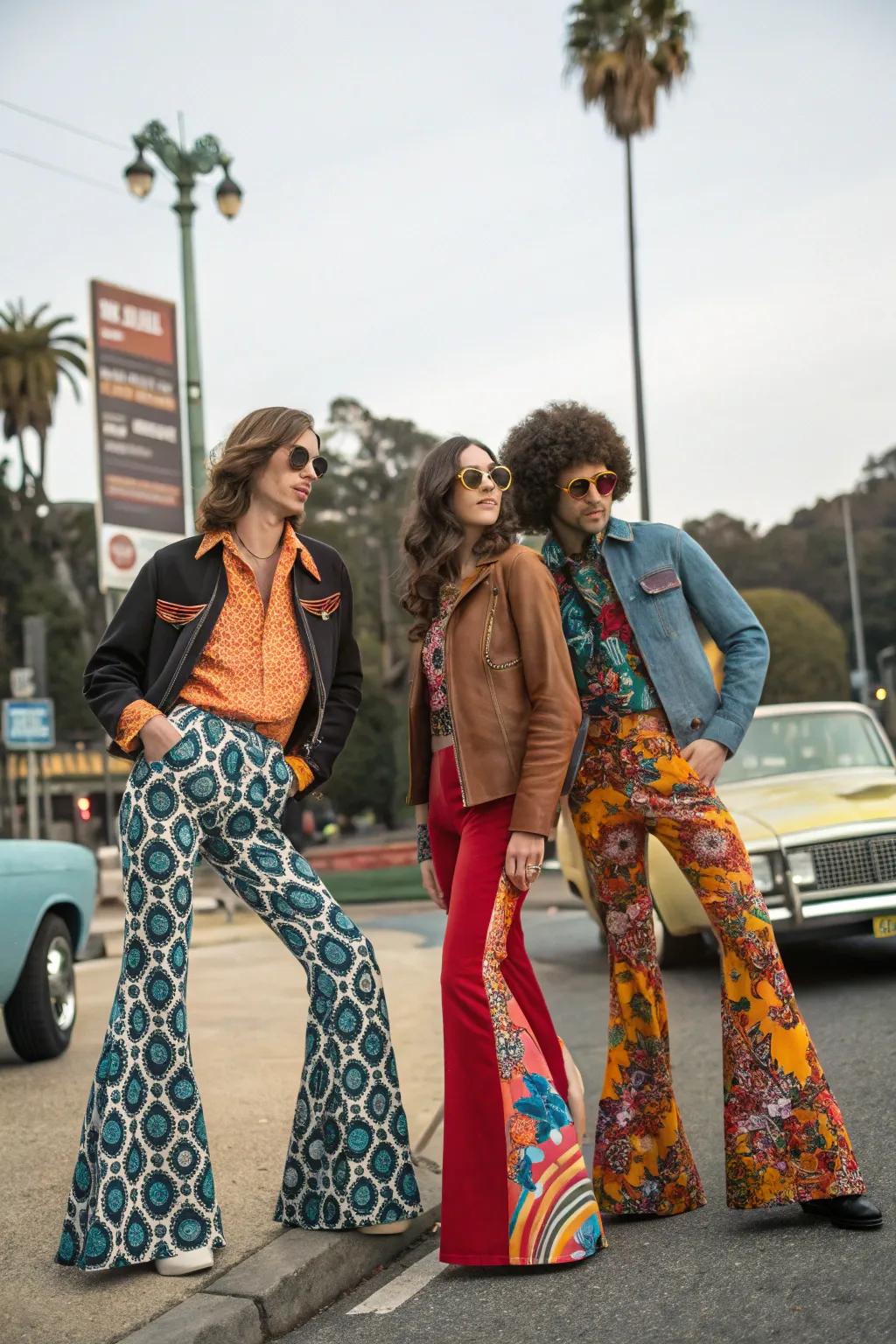 Guests dressed in bold and colorful 70s fashion.