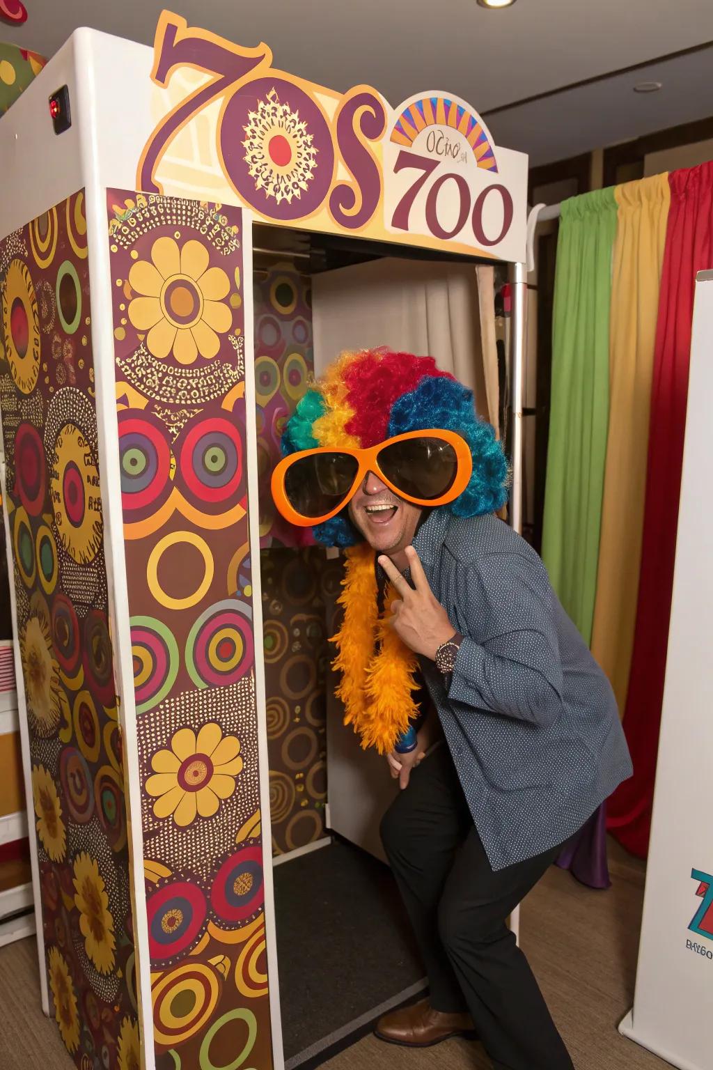 Fun 70s-themed photo booth with playful props.