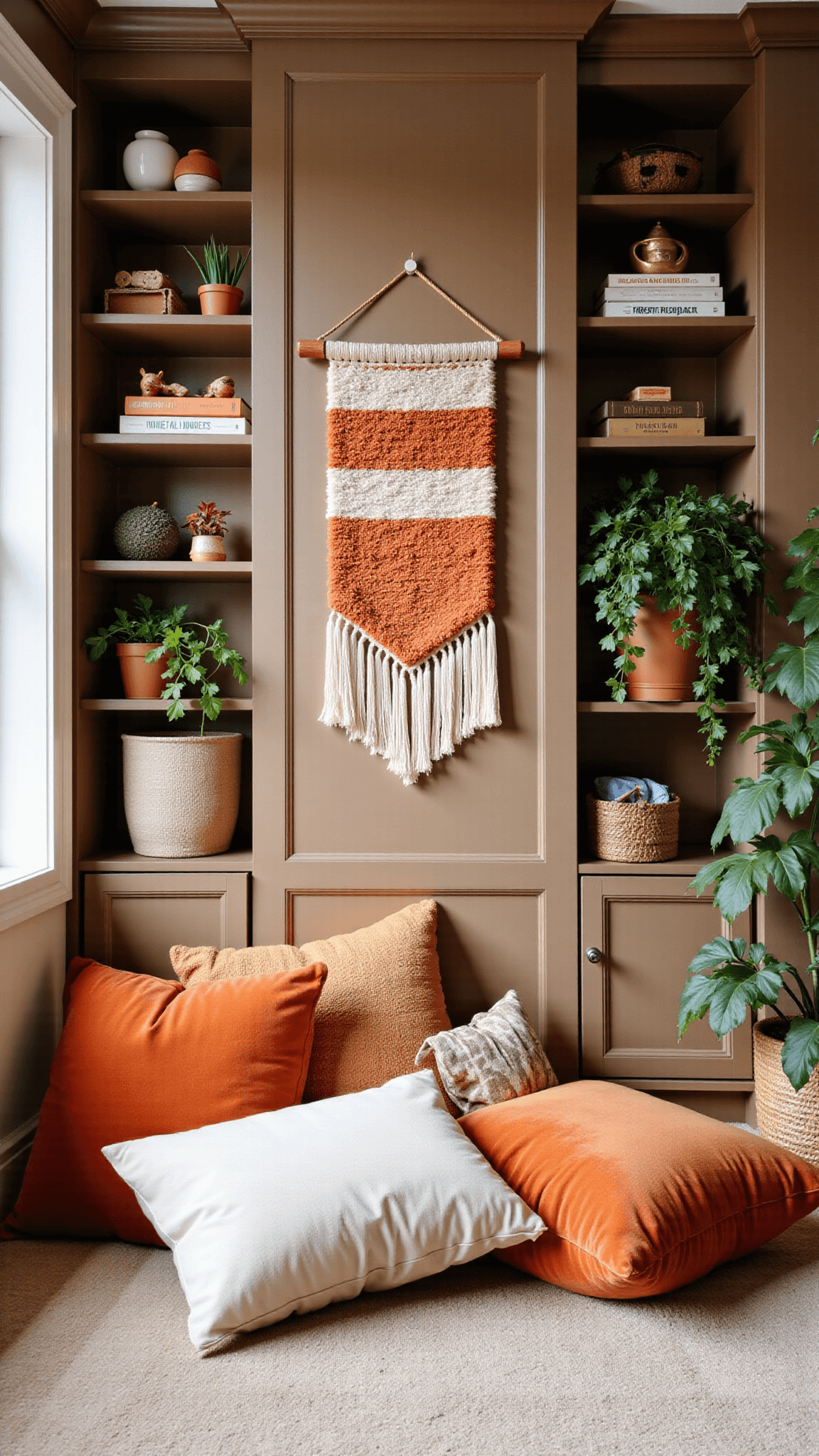 Inviting reading nook with floor-to-ceiling taupe bookshelf, vintage toys, trailing plants, textured floor cushions, and warm afternoon light highlighting a handwoven peach-orange cream wall hanging