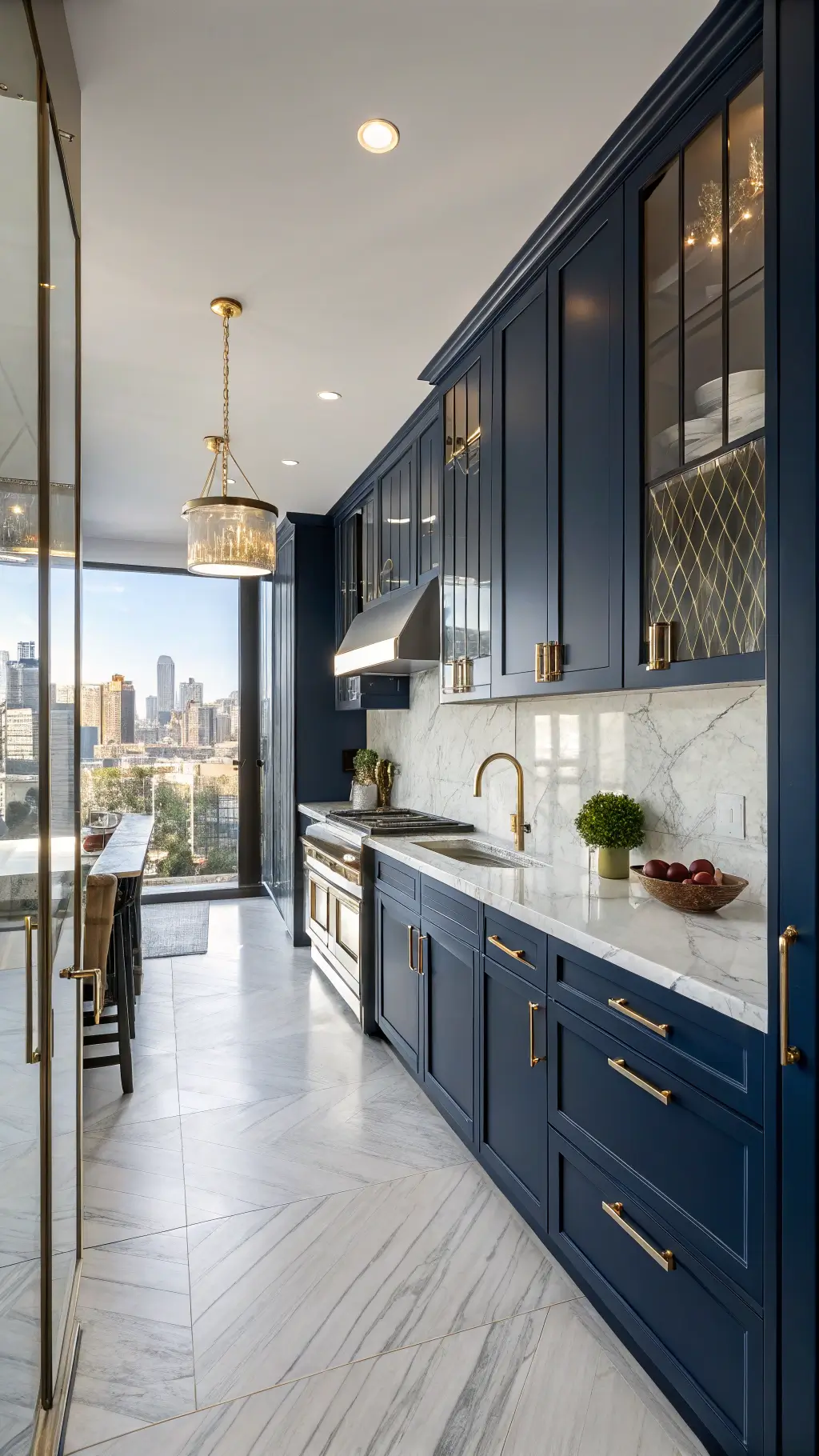 Galley kitchen with Manhattan Skyline series cabinets in high-gloss deep navy finish, white marble backsplash and brass hardware, styled with copper cookware and fresh herbs, during golden hour