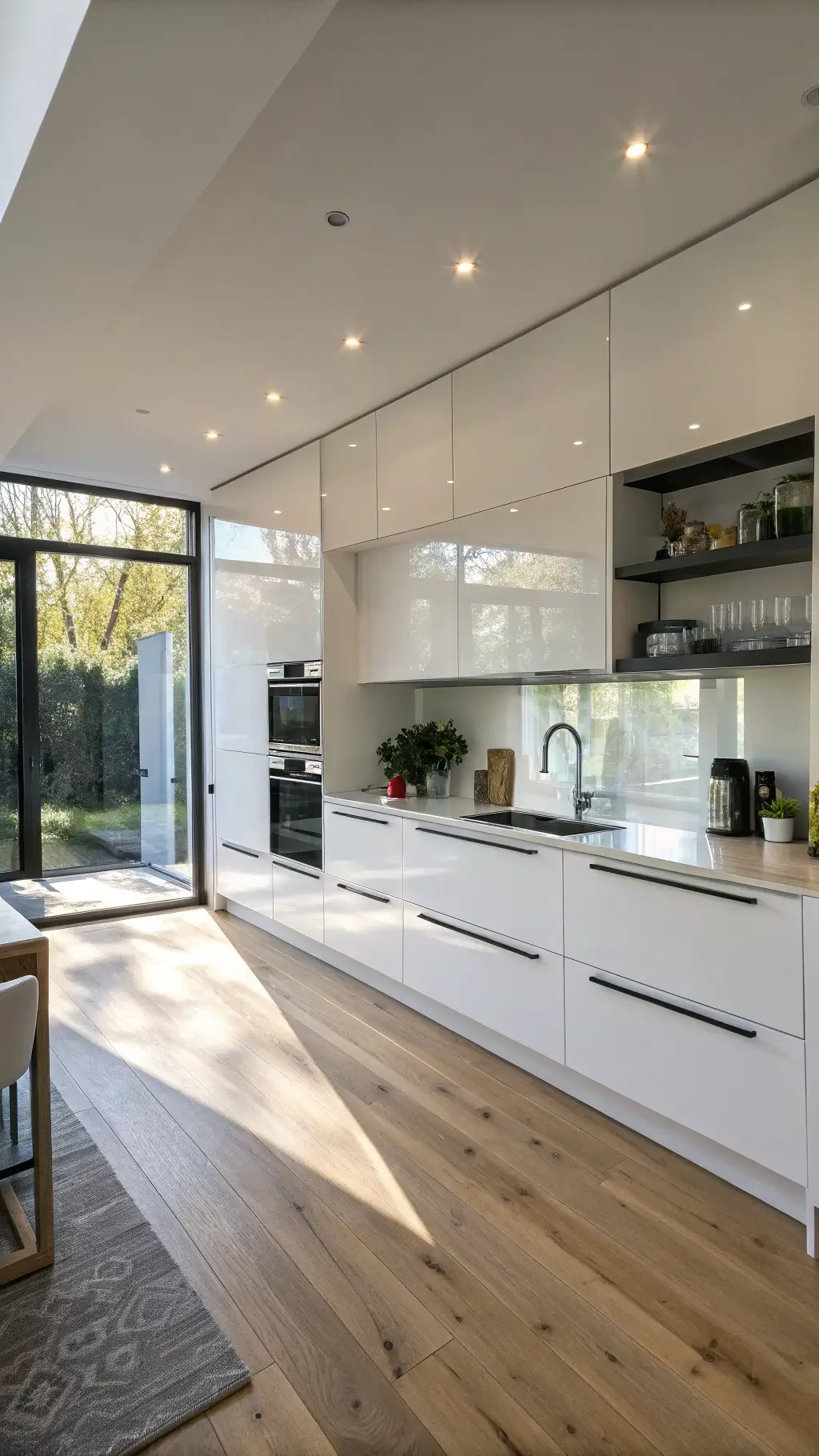 Modern open-concept kitchen with high-gloss white IKEA cabinets, natural wood flooring, and matte black fixtures under afternoon sunlight