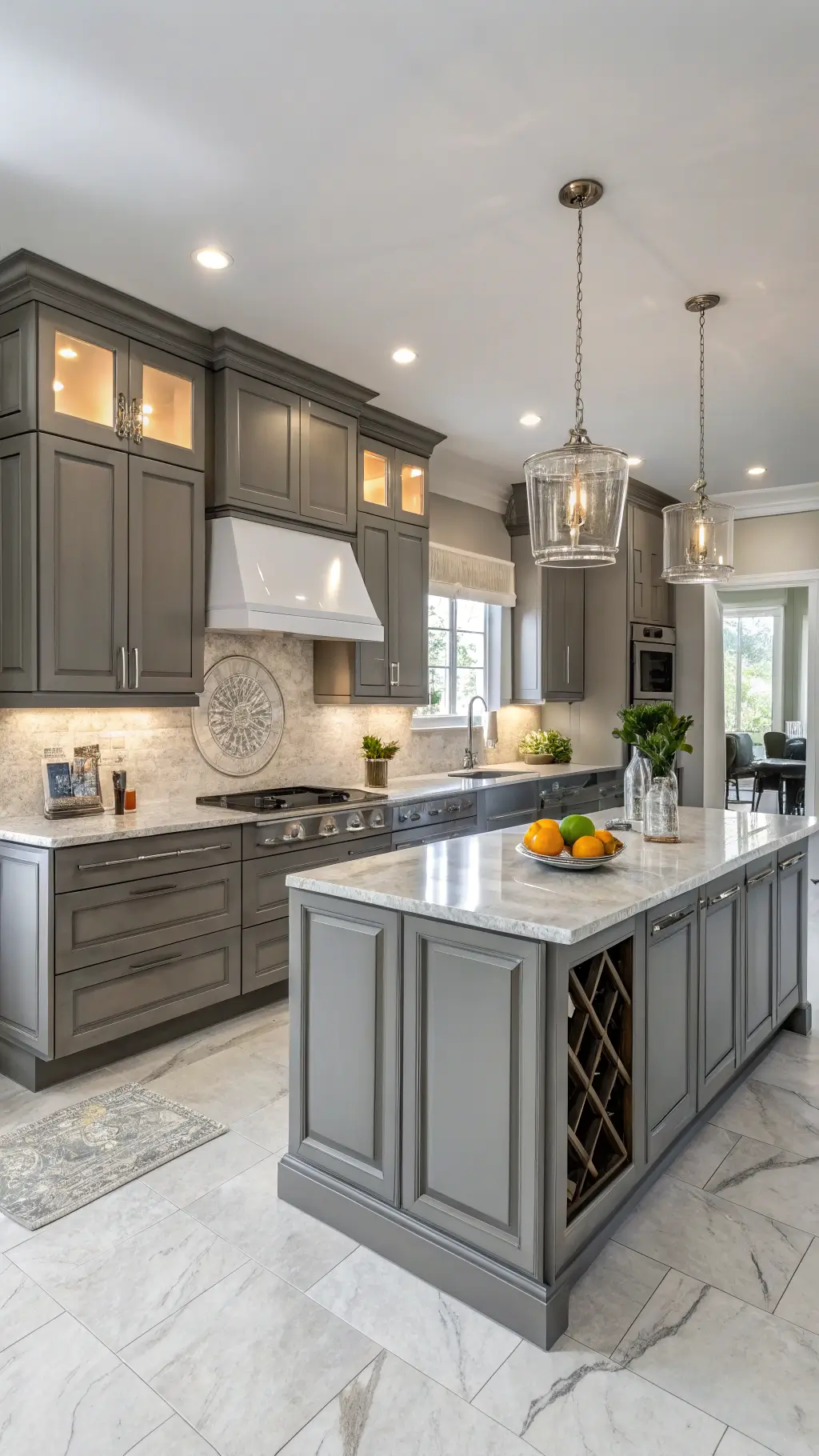 Luxurious 14x16ft kitchen with grey Fabuwood Catalina cabinets, an oversized island with waterfall edges, highlighted by soft daylight and accent lighting, styled with crystal decanters and a modern fruit bowl.