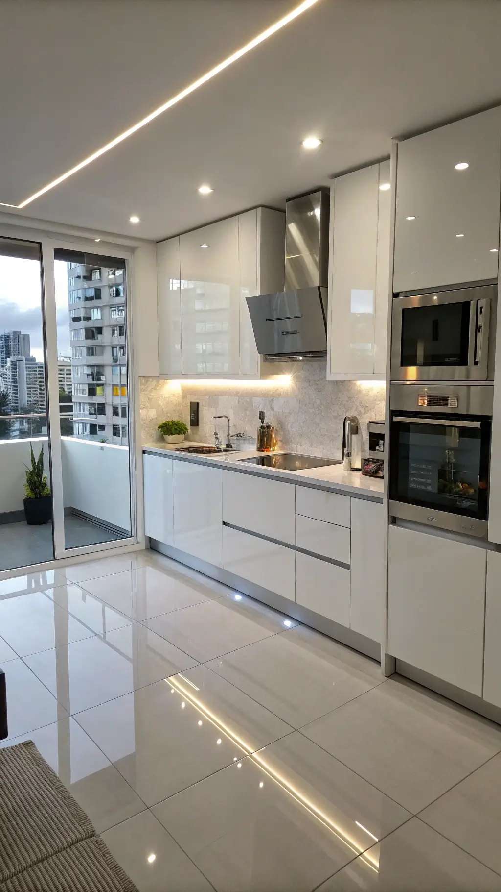 Compact urban kitchen with white high-gloss cabinetry, glass tile backsplash, and polished concrete floor, highlighted by dramatic evening lighting and vertical shot angle
