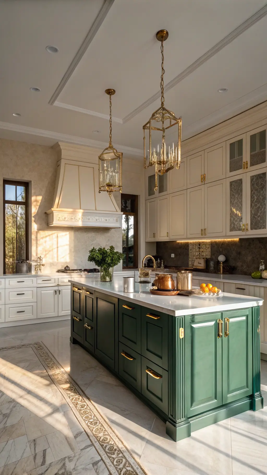 Elegant two-tone kitchen with cream upper cabinets, emerald lower cabinets, brass-trimmed island, vintage copper cookware, pendant lights casting shadows, and golden hour sunlight adding dimension.