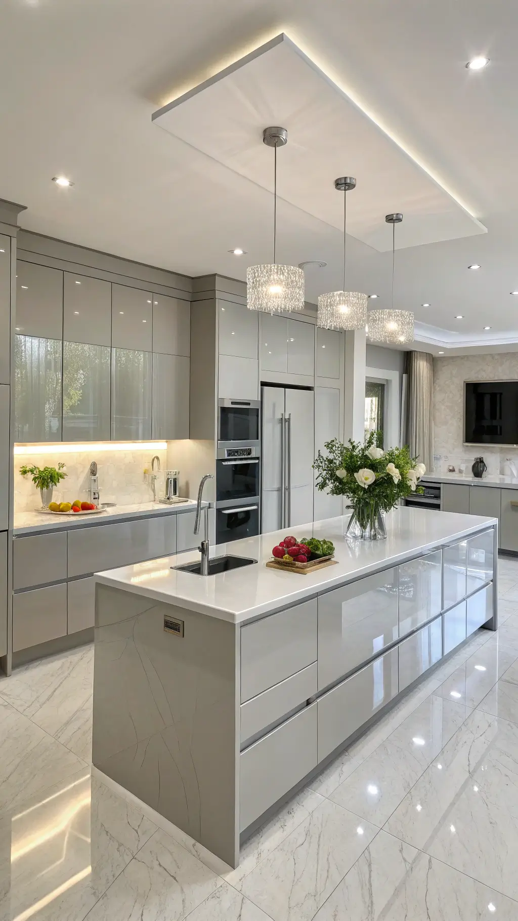 Modern 16x20ft kitchen with pearl grey high-gloss cabinets, high-end appliances, and picturesque double islands with waterfall edges. Decorations include minimalist floral arrangements and artistic fruit displays on a background of morning light reflections.