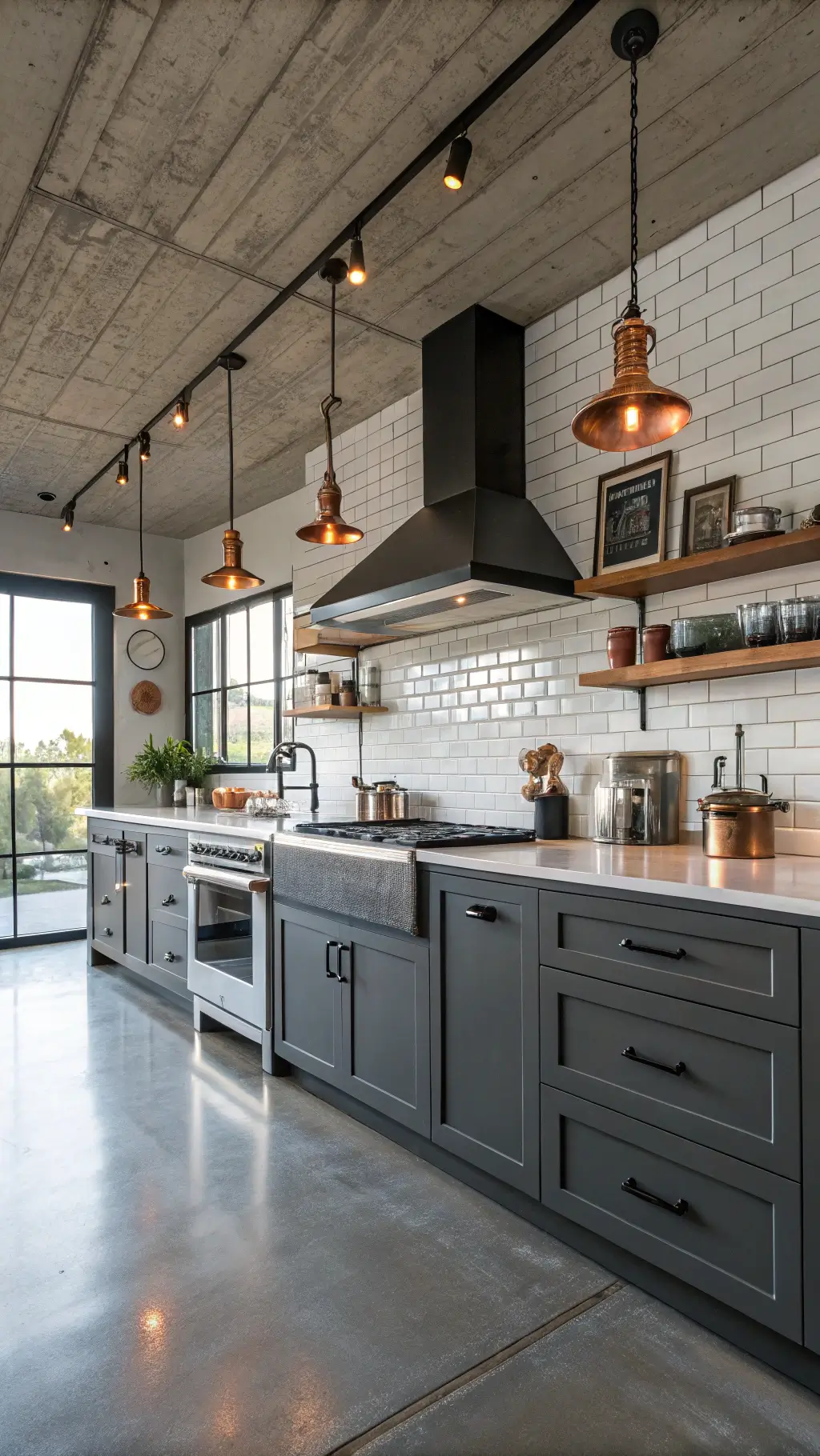 Industrial chic kitchen with charcoal aluminium cabinets, white subway tile backsplash, copper pendant lights, and professional-grade appliances