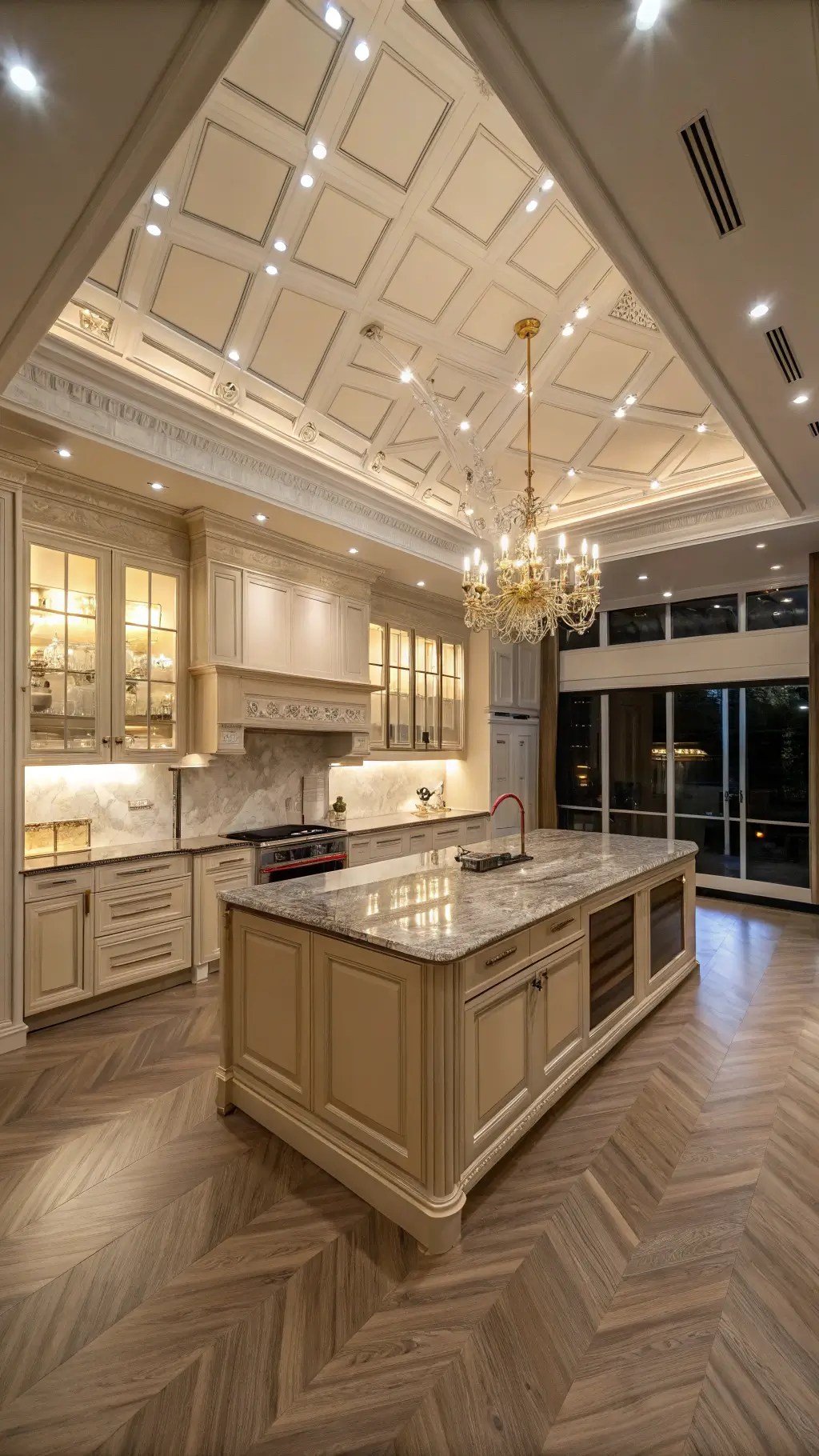 Luxurious kitchen with champagne-colored aluminium cabinets, dark veined marble island, herringbone wood floors, and gold hardware