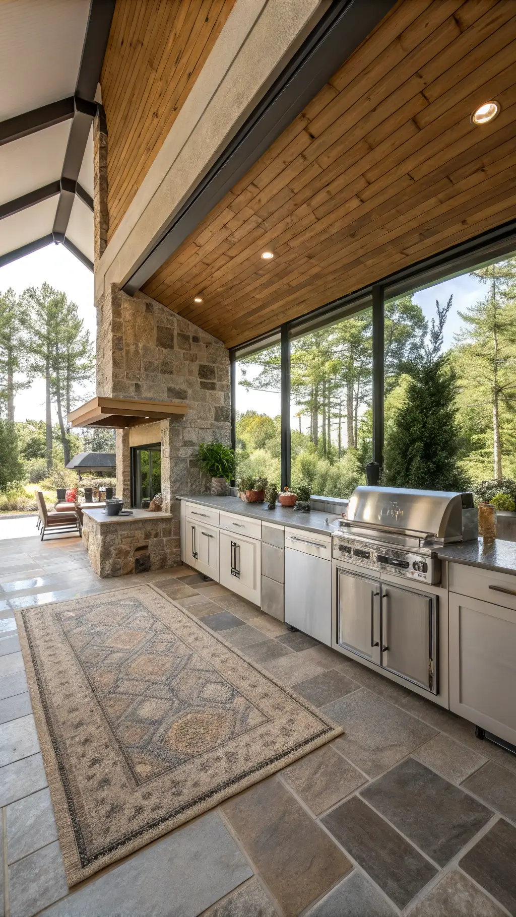 Indoor-outdoor kitchen with silver aluminium cabinets, natural stone countertops, teak accents, and sliding glass walls