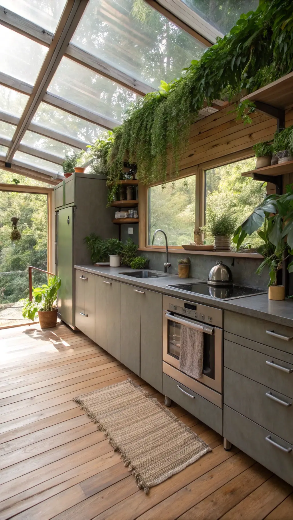 Eco-conscious kitchen featuring recycled aluminium cabinets, bamboo flooring, living wall, and energy-efficient appliances