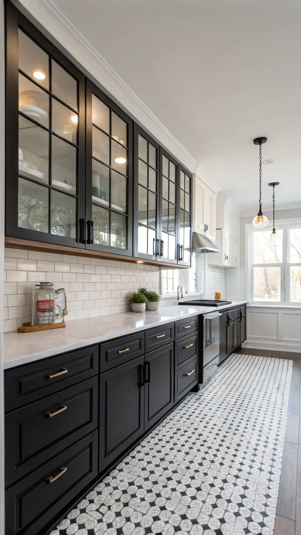 Bright midday kitchen with black shaker-style cabinets, white frames with glass inserts, industrial hardware, subway tile backsplash, and vintage checkered floor tiles
