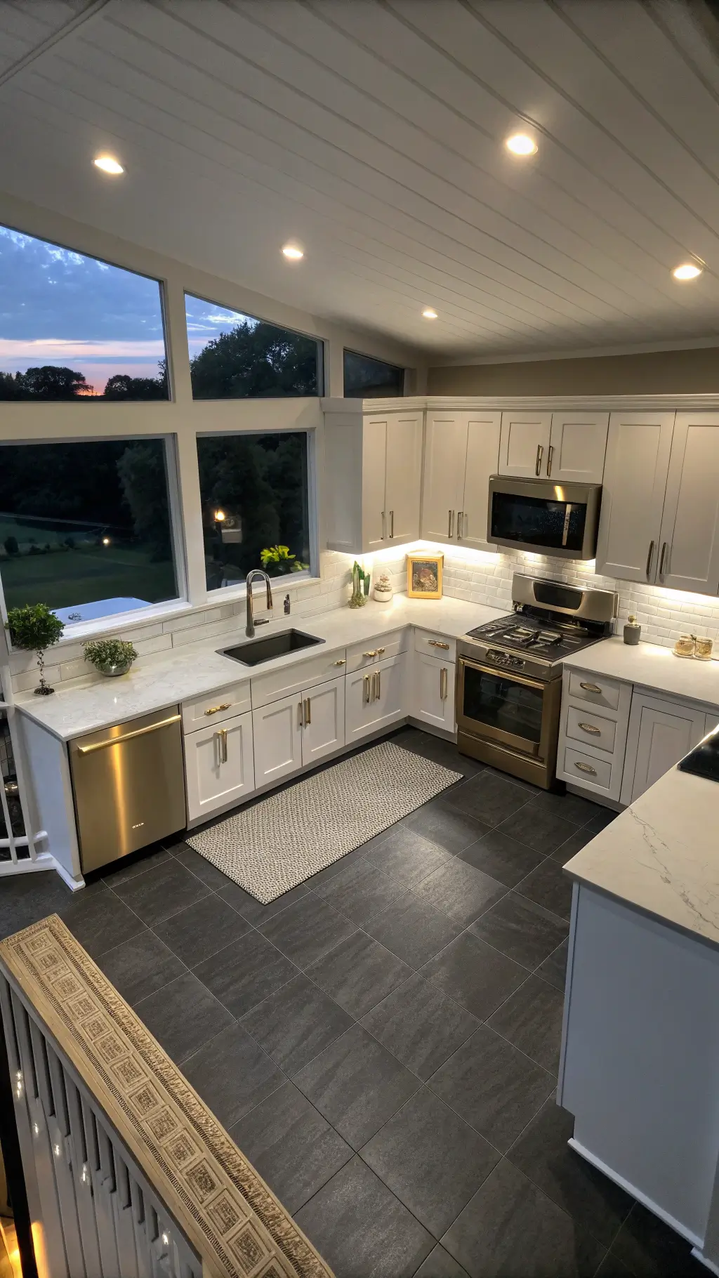 Elevated view of spacious open-concept kitchen at dusk with black floor-to-ceiling pantry, white cabinets, quartz countertops, integrated appliances, gold hardware, and soft lighting