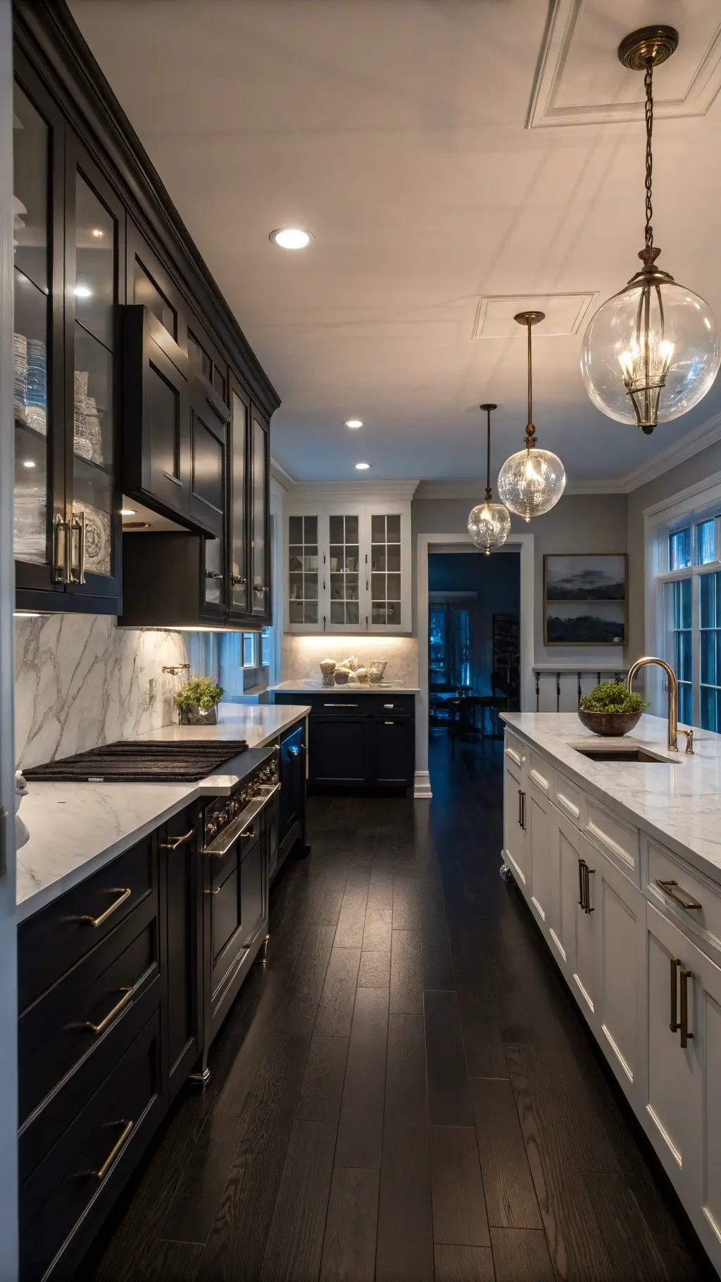 Galley kitchen with black base cabinets, white upper storage, polished nickel hardware, glass pendant lights, and marble backsplash during morning blue hour