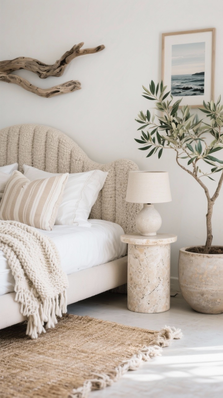 Coastal Boho Bedroom: curved upholstered headboard, layered white bedding, chunky knit throw, travertine side table, and minimalist coastal art
