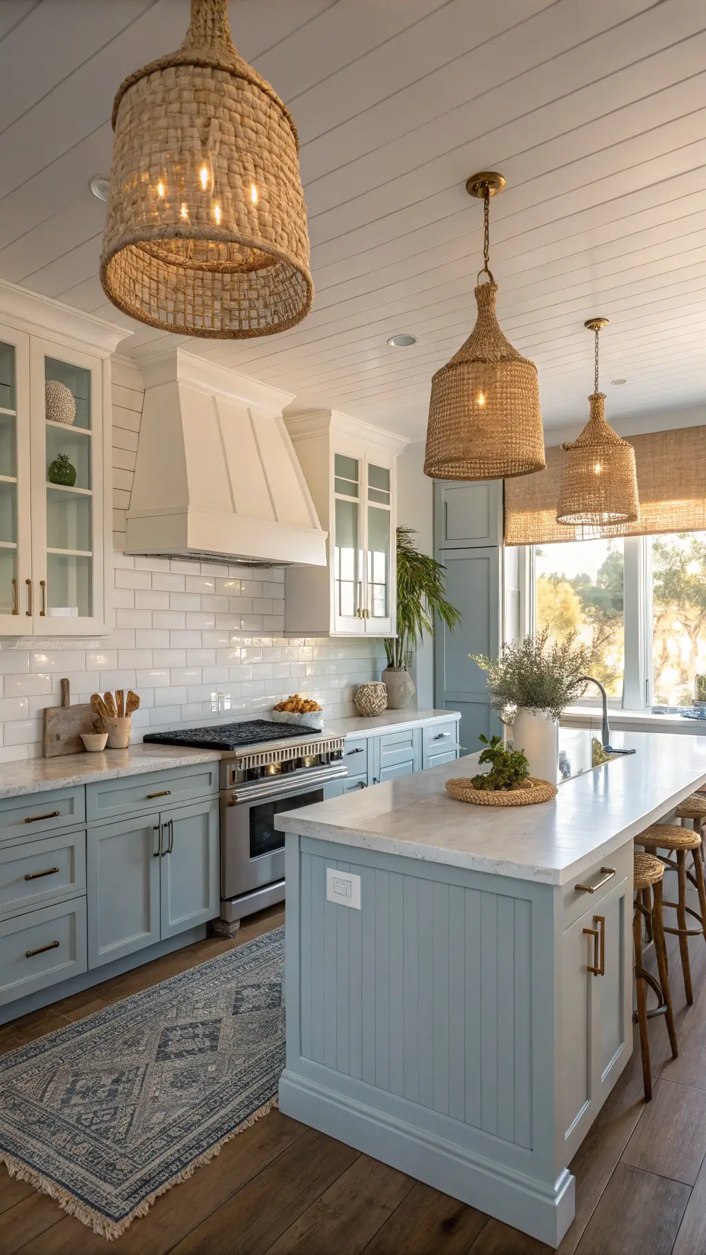 Coastal-inspired kitchen with powder blue cabinets, white subway tile backsplash, woven seagrass pendant lights, and bleached oak island bathed in golden hour light