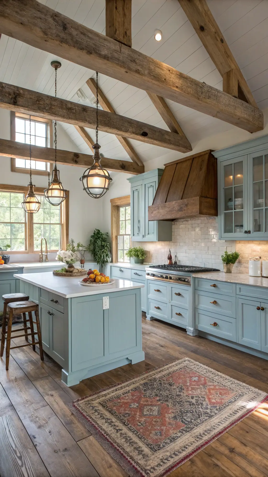 Overhead view of farmhouse kitchen with distressed powder blue cabinets, wooden ceiling beams, and butcher block island topped with fresh herbs