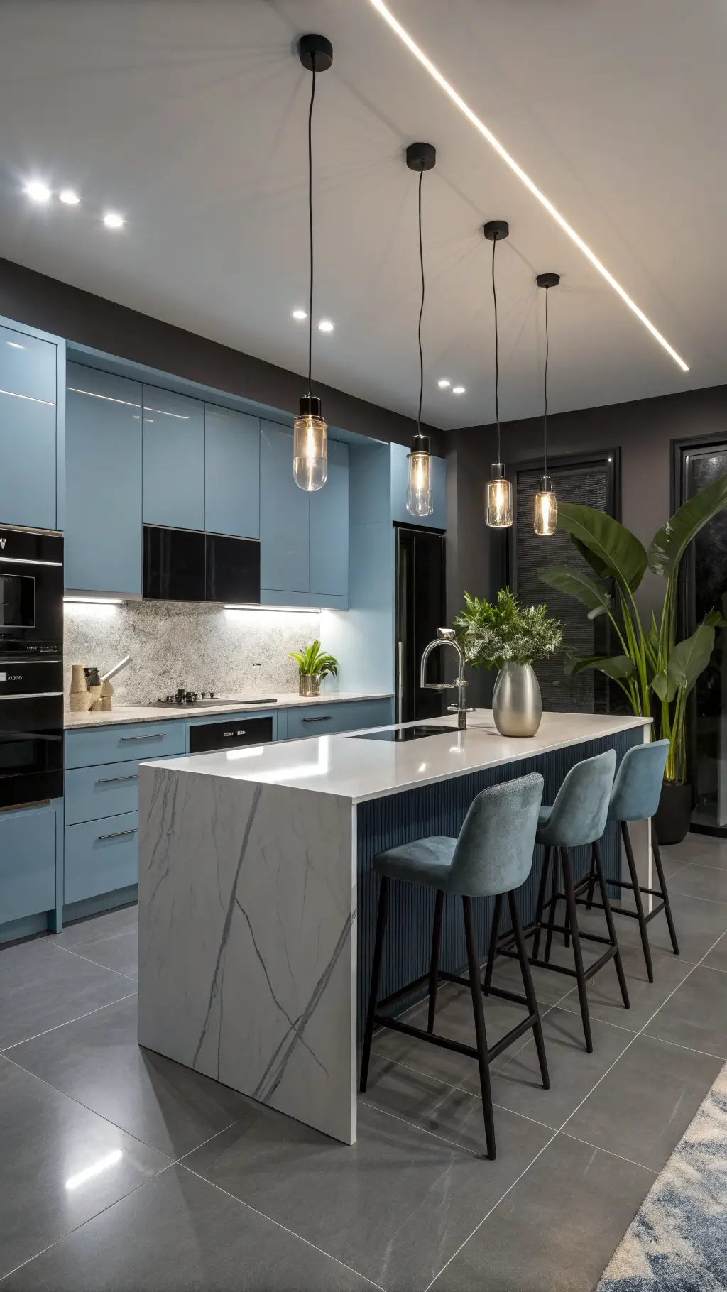 Contemporary kitchen with high-gloss blue cabinets, charcoal walls, LED lighting, chrome fixtures, and quartz island accented by black vase with monstera leaves