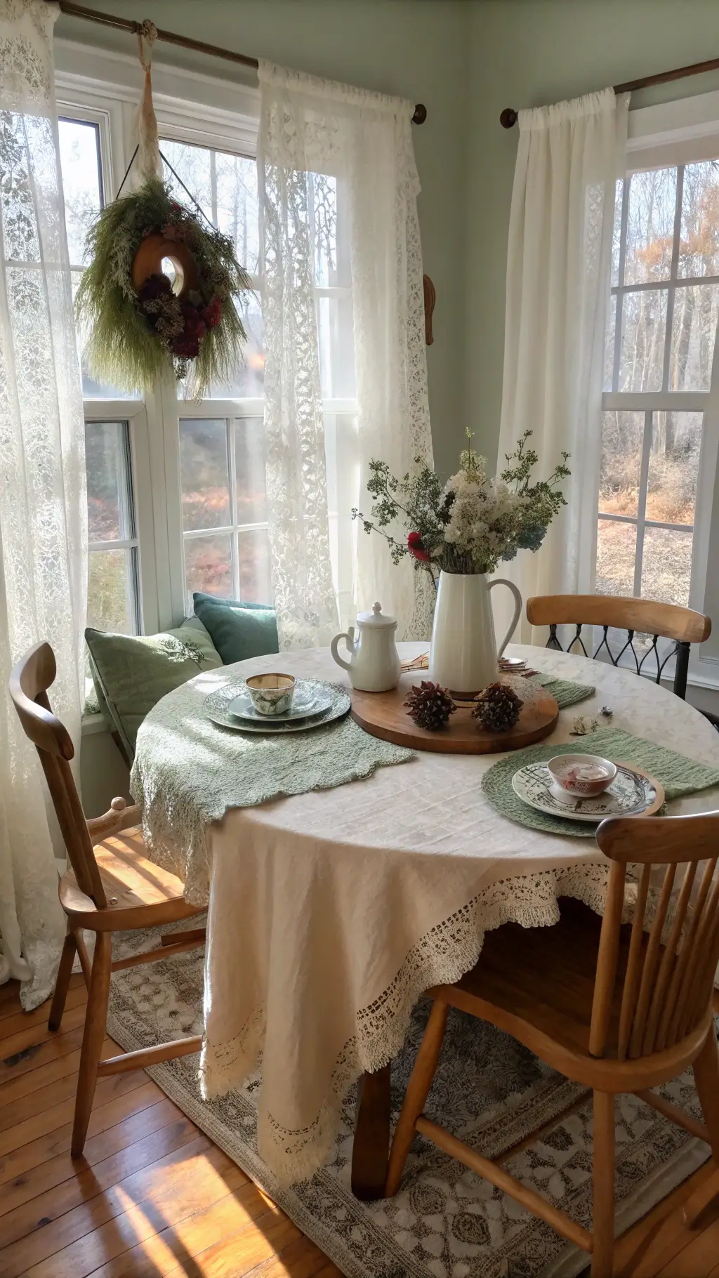 Morning sunlight filtering through lace curtains in a cozy breakfast nook with a round farmhouse table, mismatched wooden chairs, sheepskin throws, and a vintage ceramic pitcher centerpiece filled with dried hydrangeas, pinecones, and eucalyptus.
