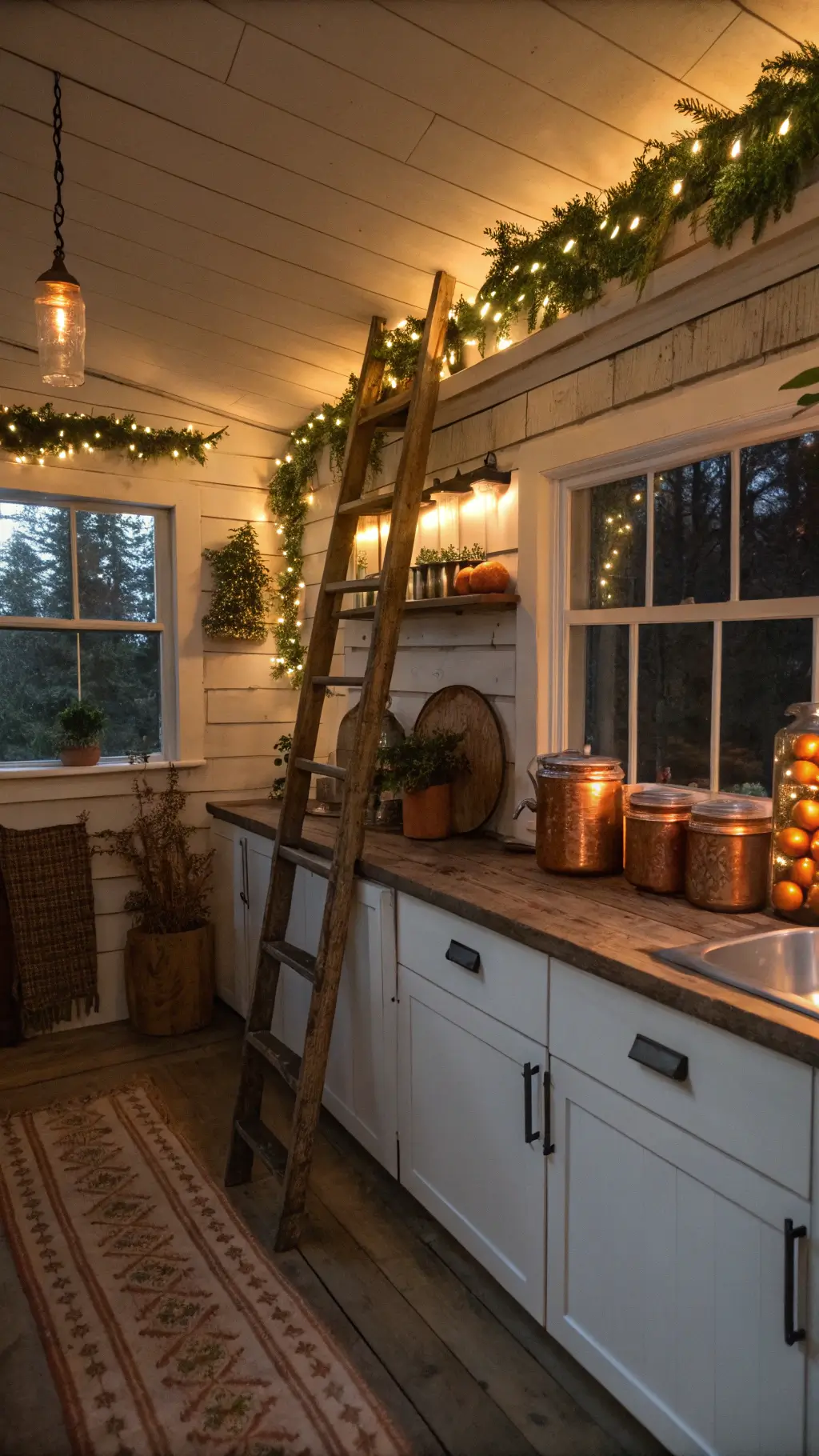 Cozy kitchen at dusk with warm undercabinet lighting reflecting off copper pots, open shelves displaying mason jars filled with dried oranges and cinnamon, vintage ladder with hand-knit stockings, and twinkling fairy lights in fresh garland above windows.