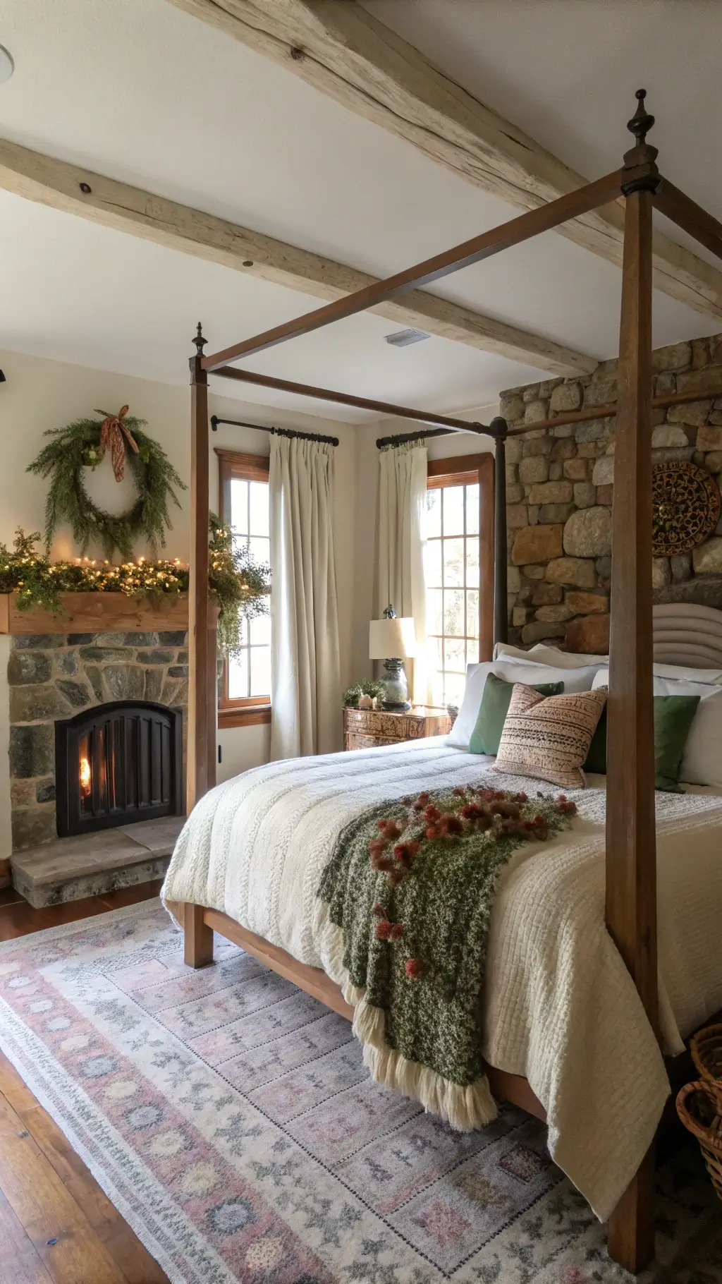 Master bedroom bathed in early morning winter light, featuring a four-poster bed with cream, blush, and forest green vintage quilts and throws, stone fireplace with woodland decorations, fresh pine boughs, and baskets filled with dried flowers and evergreen branches.