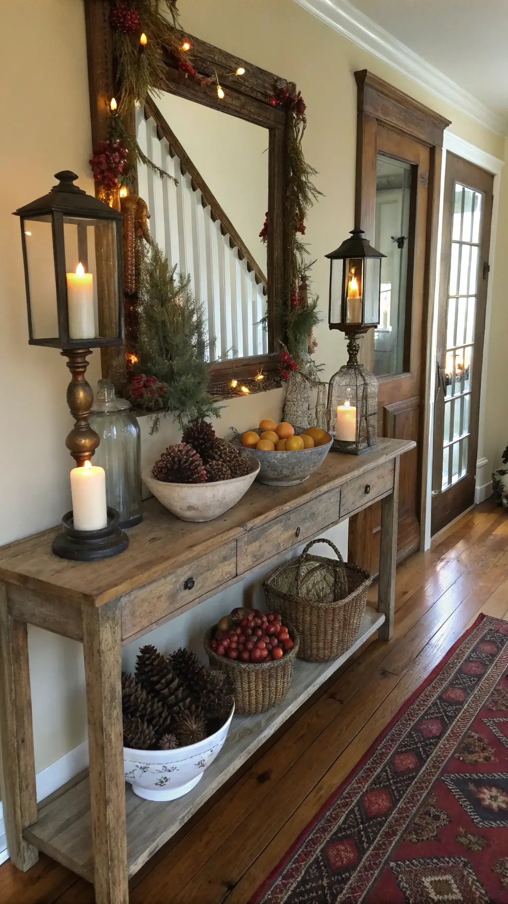 Rustic entryway with wooden floors, antique console table, ceramic bowls filled with pinecones, brass candlesticks, garlands of dried citrus and berries on an aged mirror, illuminated by warm hurricane lanterns, wool boot socks, knit mittens, and vintage scarves in holiday red tones.