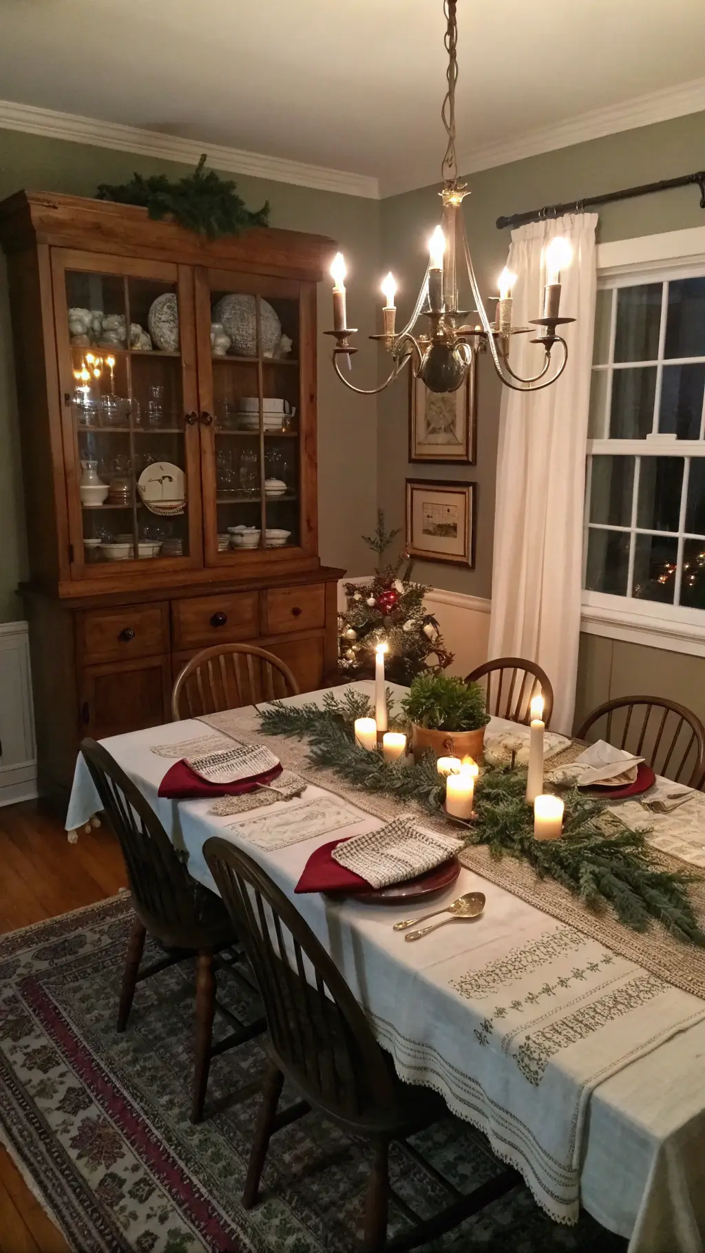 Twilight-lit dining room with dimmed chandelier, vintage linen-covered farmhouse table, fresh greenery, antique china cabinet, and candlelight reflecting on surfaces, featuring a color palette of cream, forest green, deep cranberry, and tarnished silver.