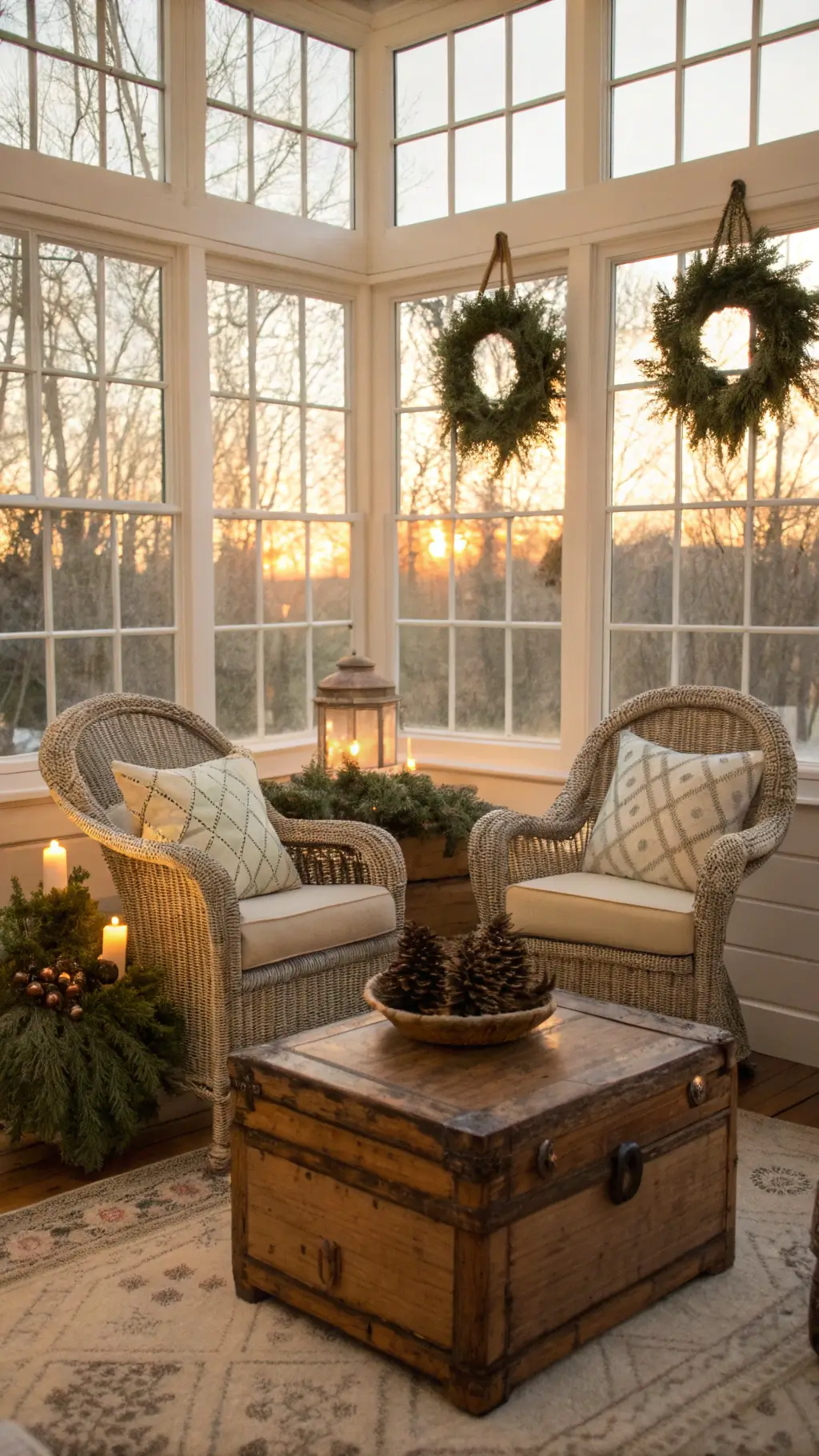 Vintage sunroom with wicker chairs, hand-knit throws, a weathered trunk coffee table, fresh greenery, and golden hour glow.
