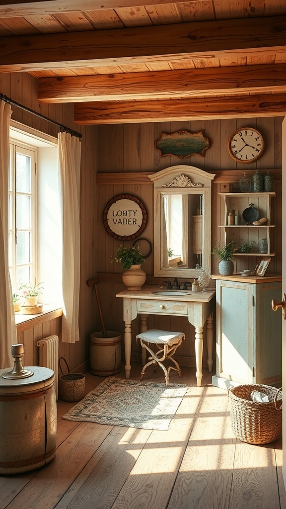 Warm vintage dressing room featuring exposed wooden beams, antique mirror, and natural sunlight.
