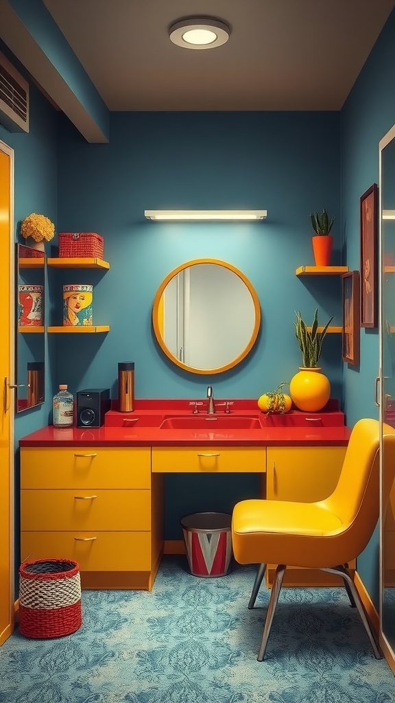 Colorful mid-century modern dressing room with a red sink, yellow drawers, and a round mirror against a blue wall.