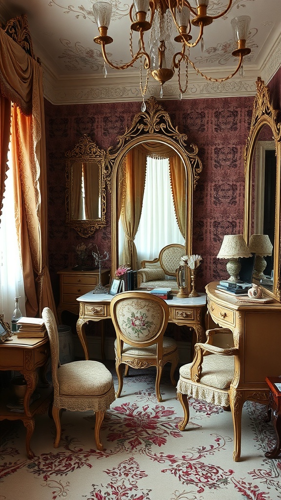 Elegant Victorian dressing room featuring ornate mirrors, rich color palette, and classic decor.