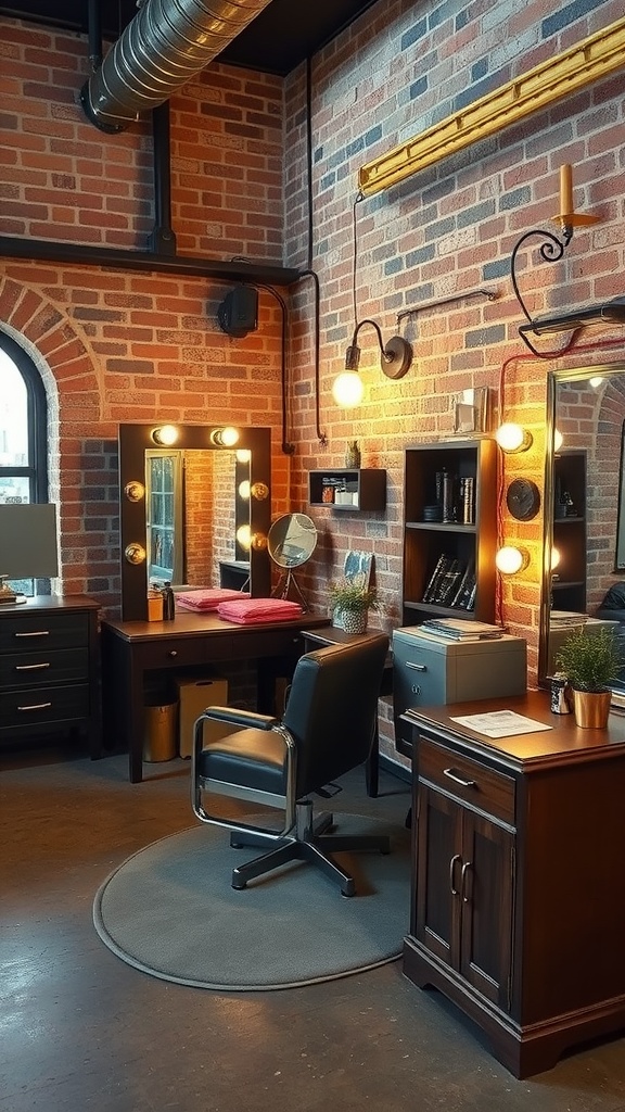 Modern dressing room with exposed brick walls, illuminated large mirror, and sleek furniture.
