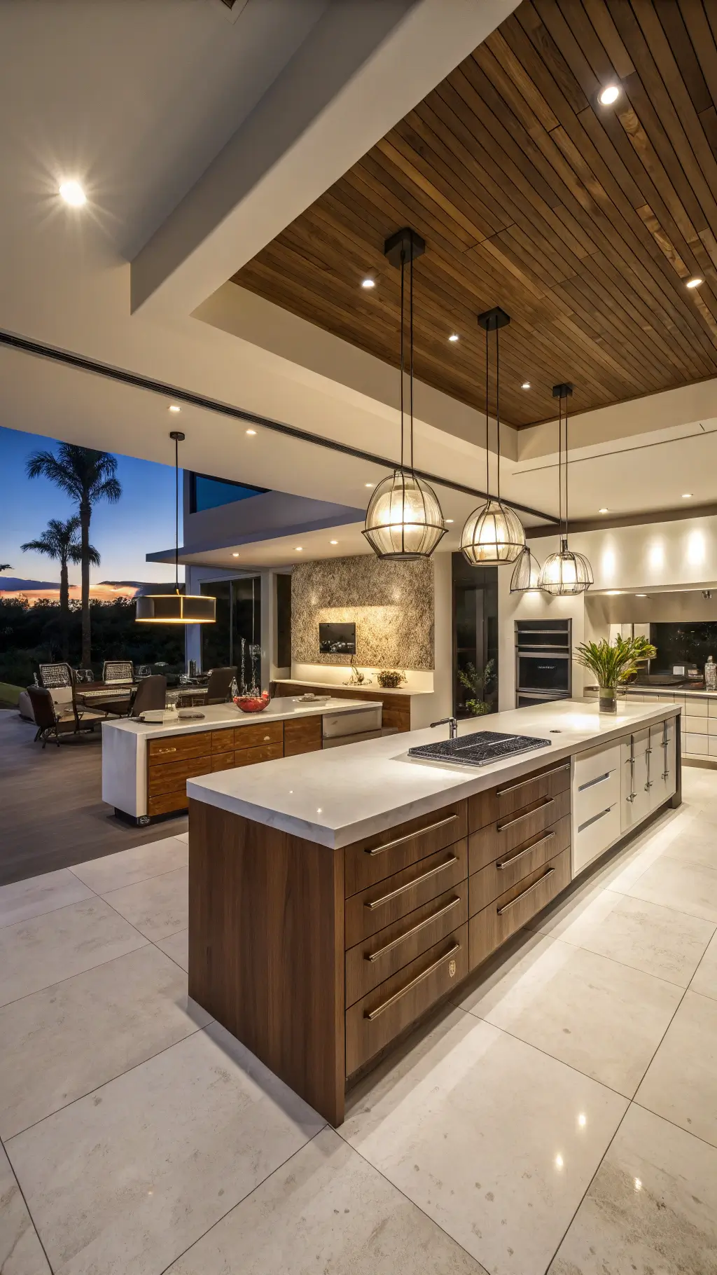 Designer kitchen with high-gloss handleless cabinets and dramatic lighting