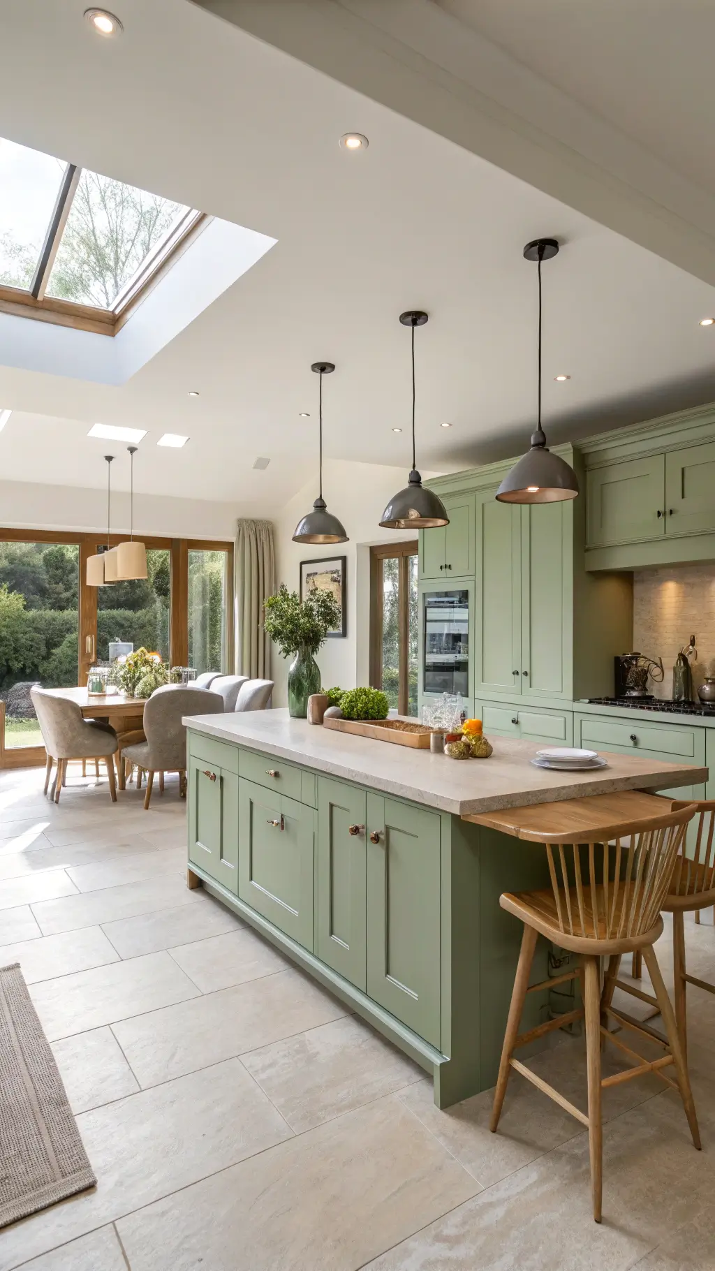 Family-friendly kitchen with sage green handleless cabinets and natural oak accents