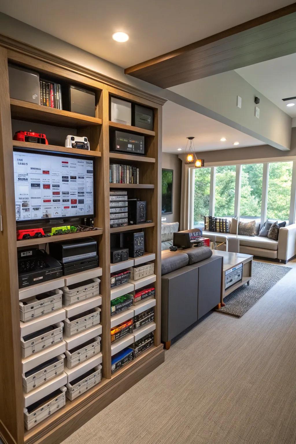 Creative storage solutions help keep your gaming space organized.