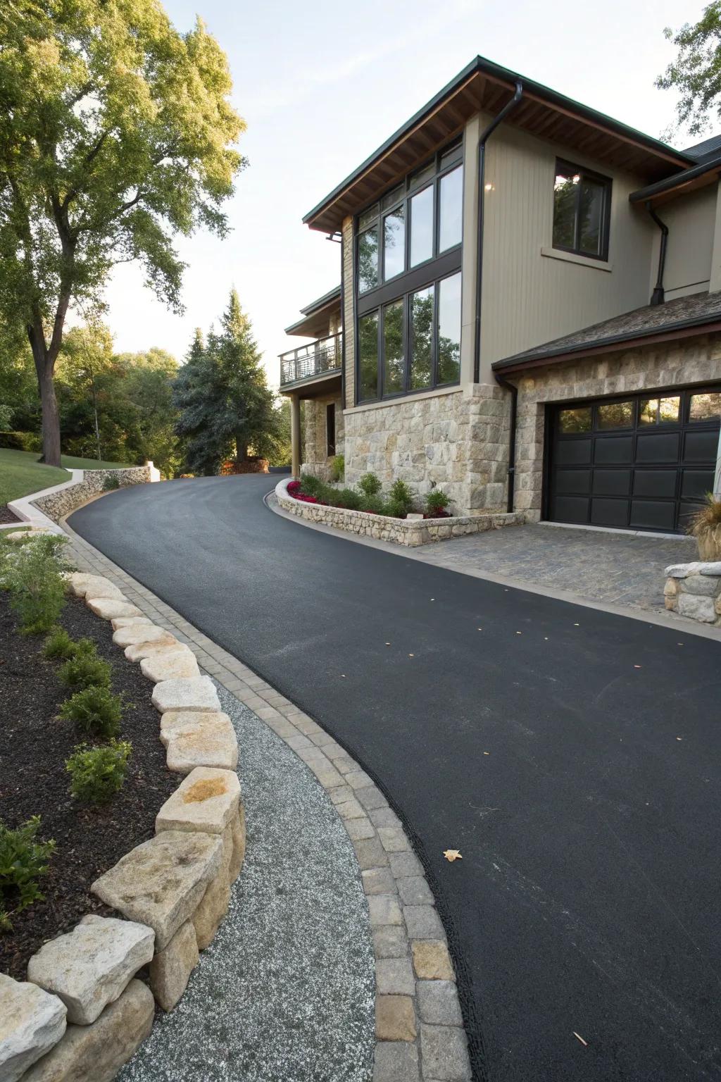 Asphalt driveway enhanced with decorative edging for a refined look.