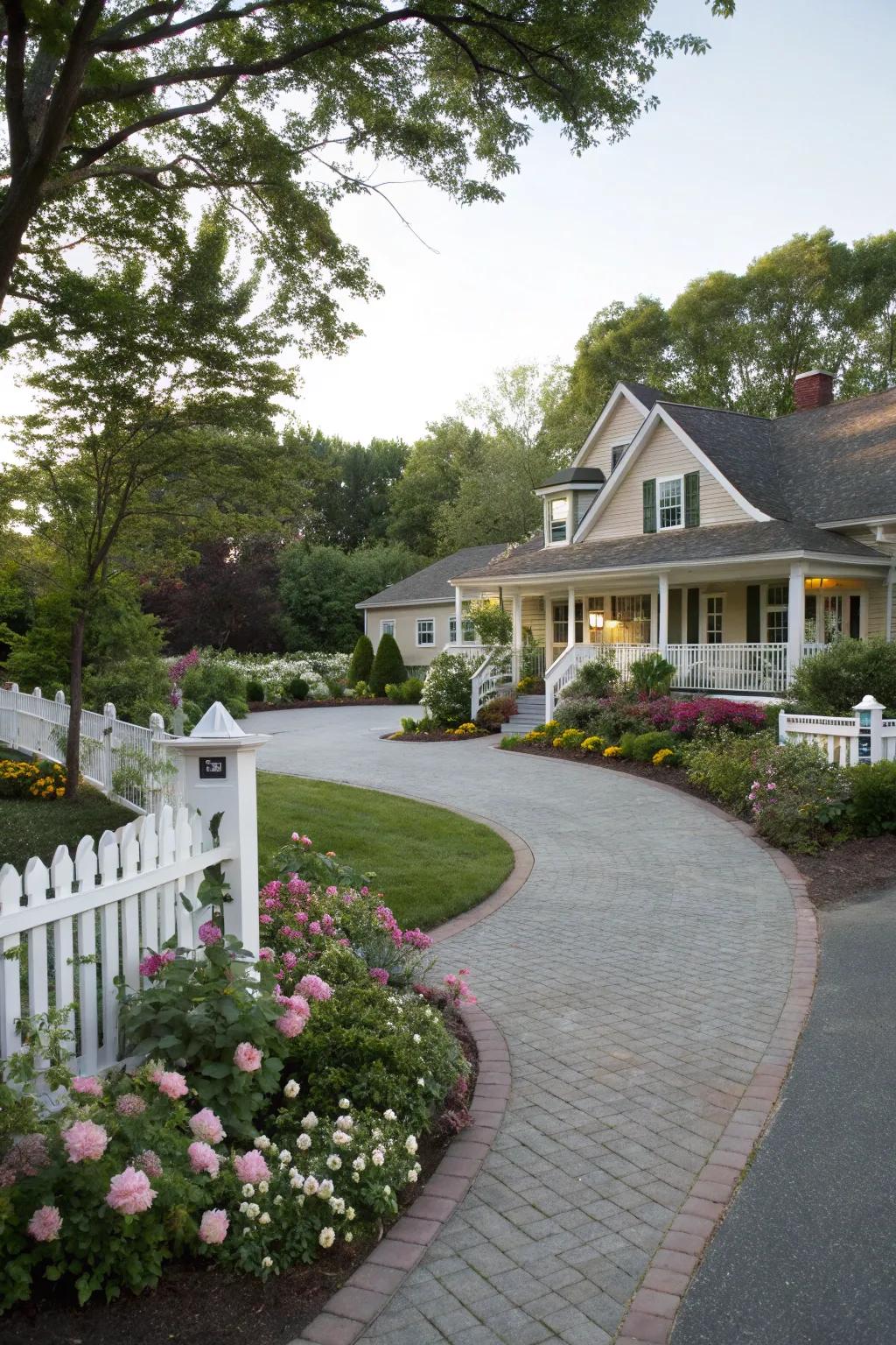 Semi-circular driveway with decorative garden accents.