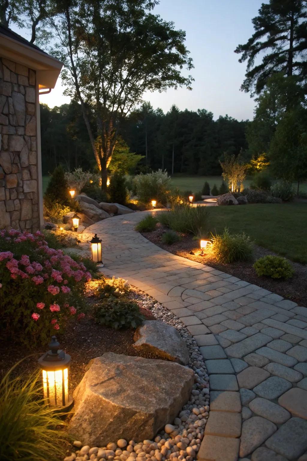 Driveway illuminated with stylish lighting creating a dramatic nighttime effect.