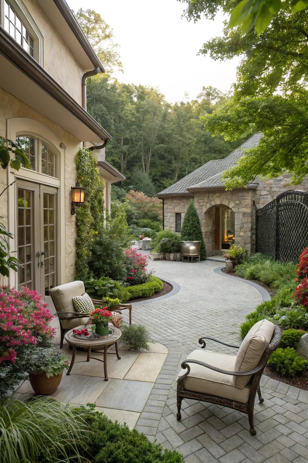 Courtyard driveway design featuring cozy seating and greenery.